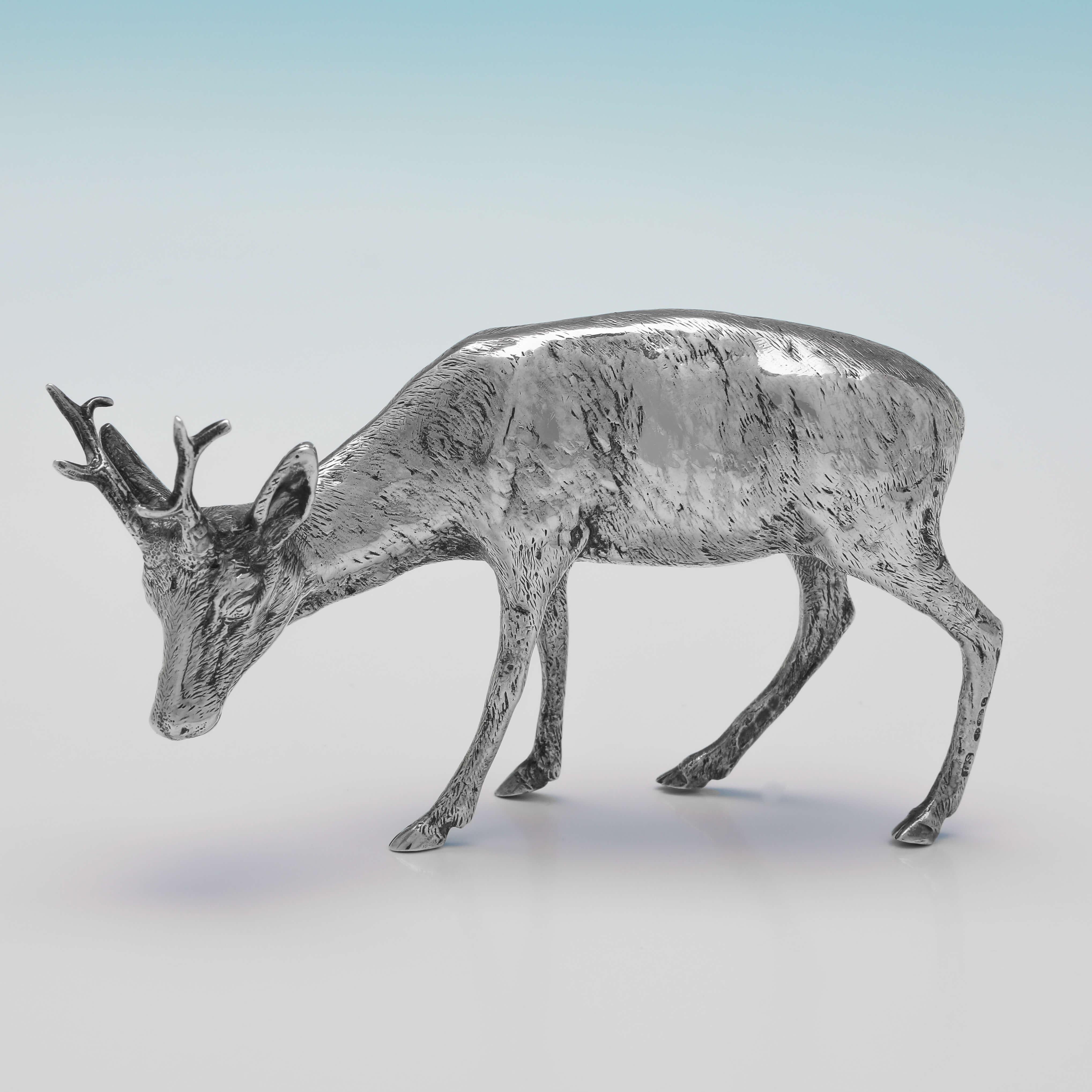 Import marked for London in 1938 by Israel Segalov, this handsome Sterling Silver Model of a Stag & Doe, are realistically cast. Each model measures 3