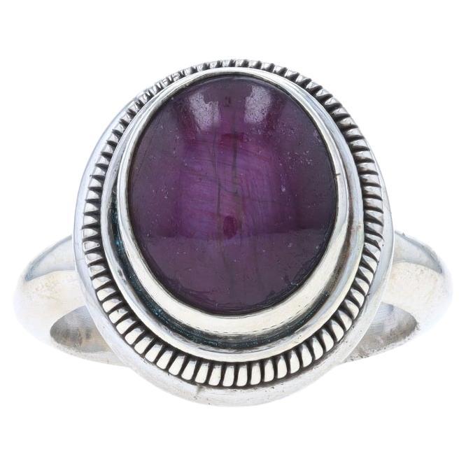 Sterling Silver Star Ruby Cocktail Solitaire Ring - 925 Oval Cabochon Ribbed