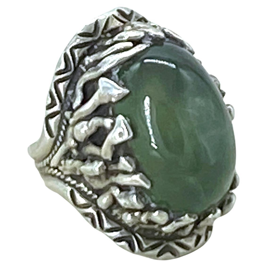 Sterling Silver Statement Ring with South African Prehnite Stone For Sale