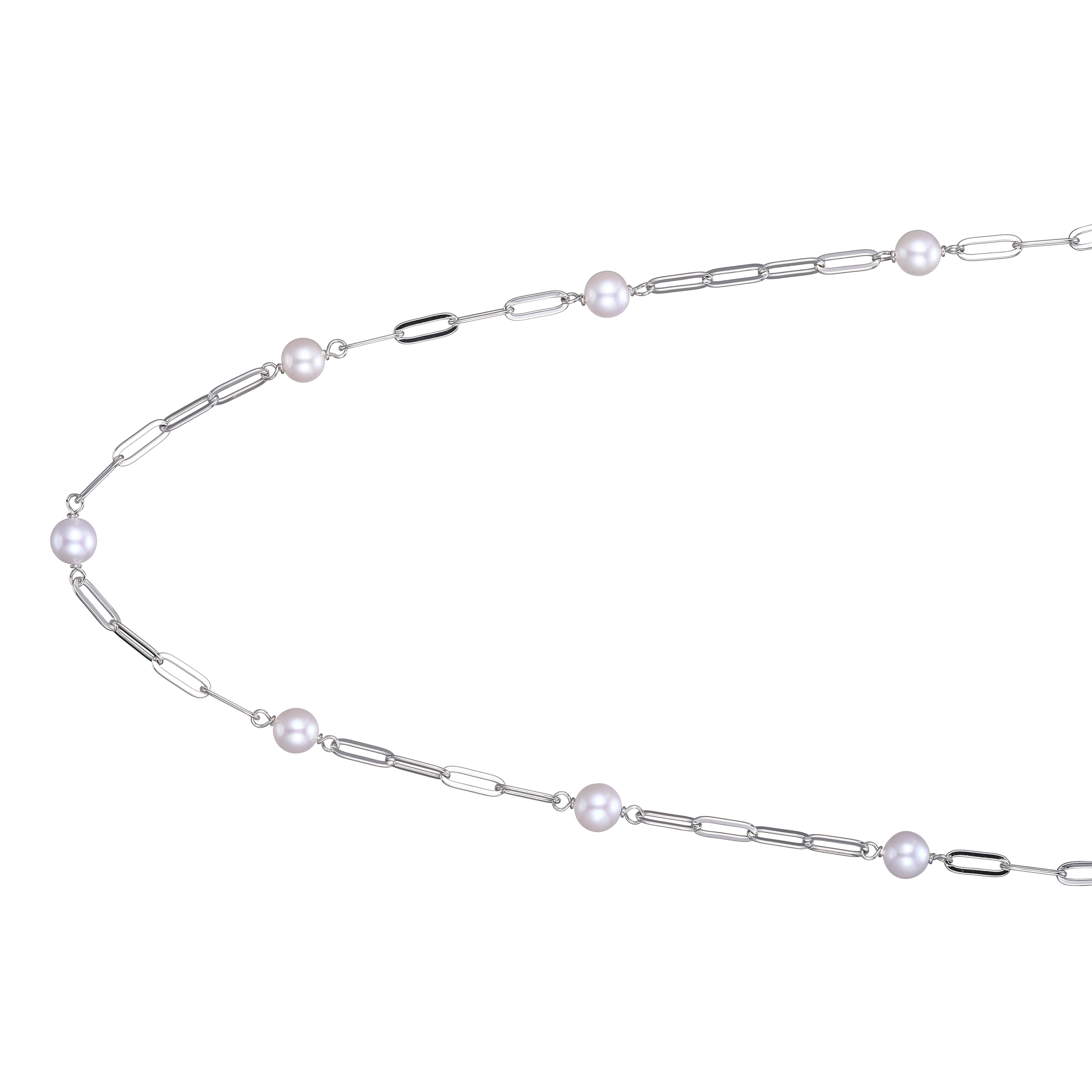 Sterling Silver Station Necklace made with Paperclip Chain (3mm) and 7 Pieces Freshwater Pearls (size 6-7mm) , Measures 16