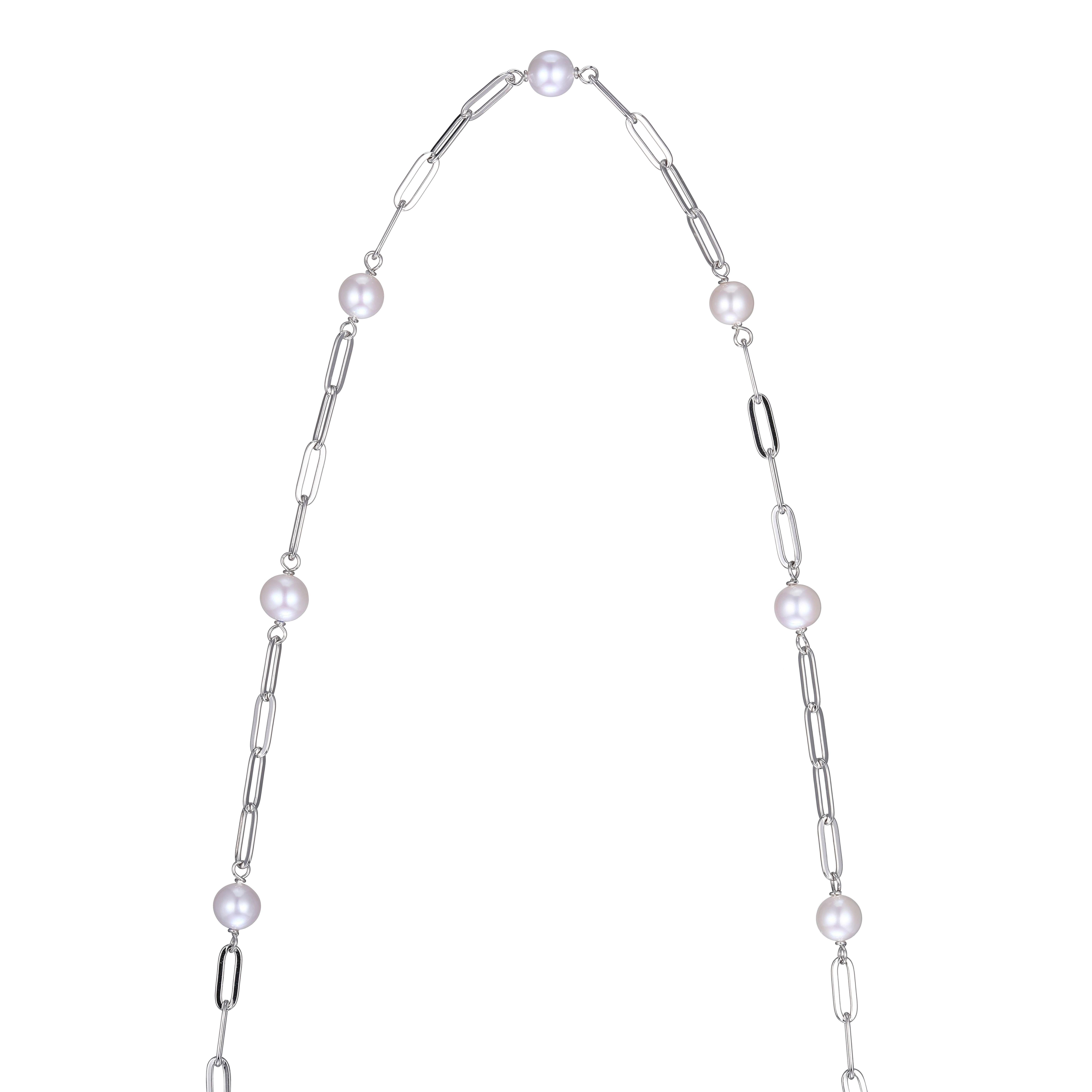 Modern Sterling Silver Station Necklace Paperclip Chain (3mm), 7 Pearls, Rhodium Finish For Sale