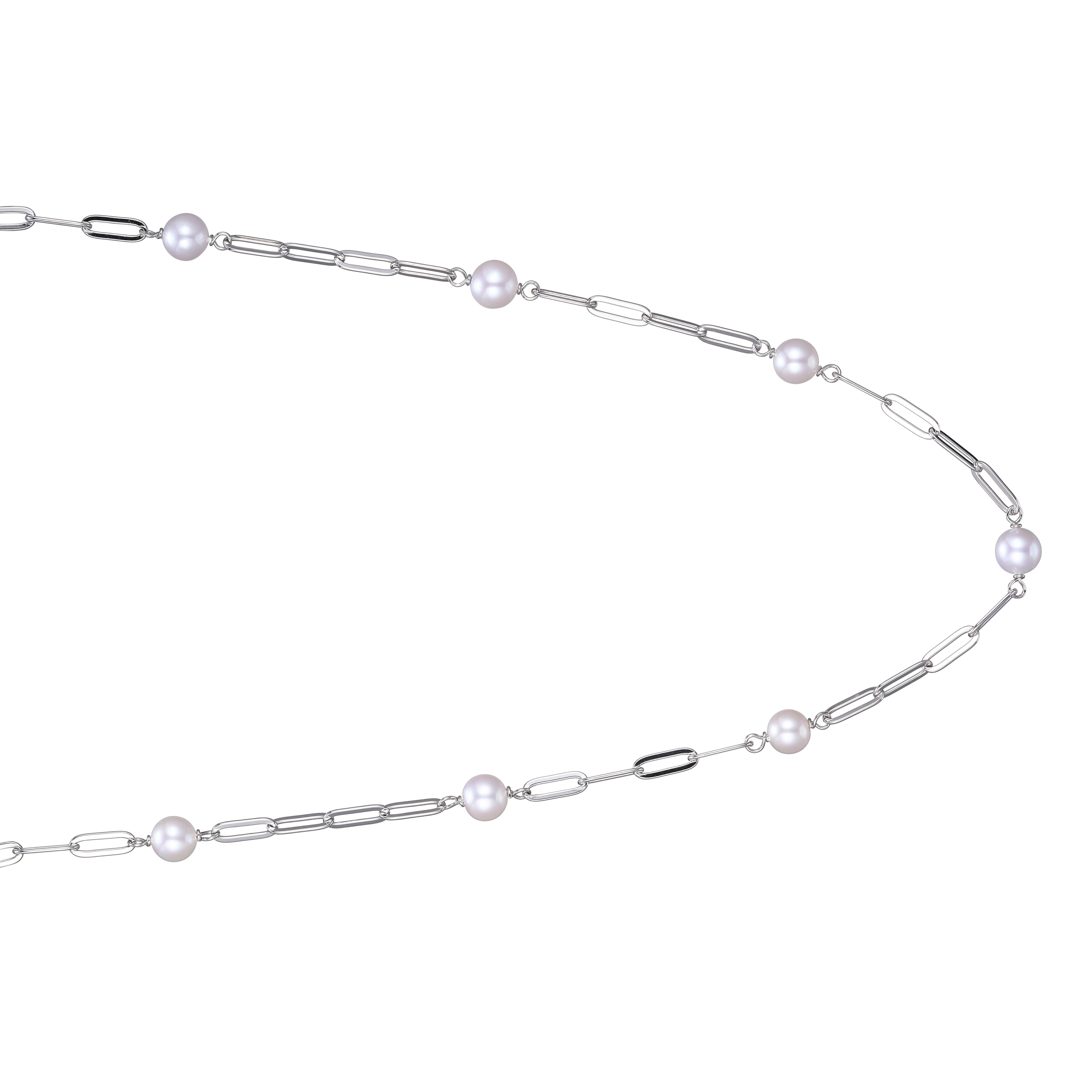 Round Cut Sterling Silver Station Necklace Paperclip Chain (3mm), 7 Pearls, Rhodium Finish For Sale