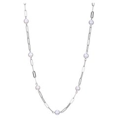 Sterling Silver Station Necklace Paperclip Chain (3mm), 7 Pearls, Rhodium Finish
