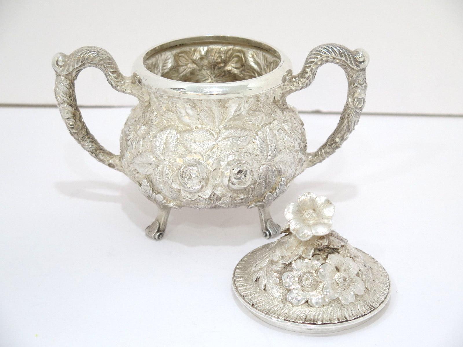 Repoussé Sterling Silver Stieff Vintage Floral Repousse Sugar Bowl & Creamer Set For Sale