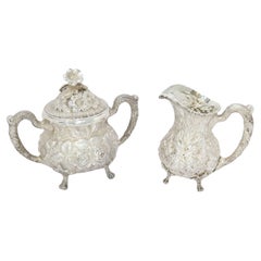 Sterling Silver Stieff Retro Floral Repousse Sugar Bowl & Creamer Set