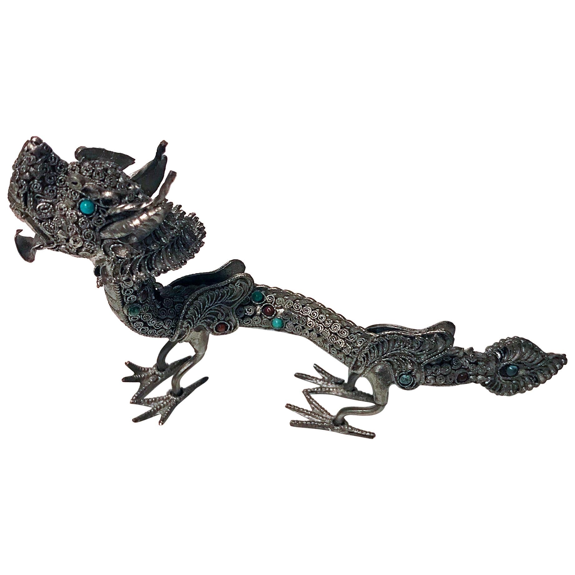 Sterling Silver Stone Inlay Dragon, Chinese, circa 1950