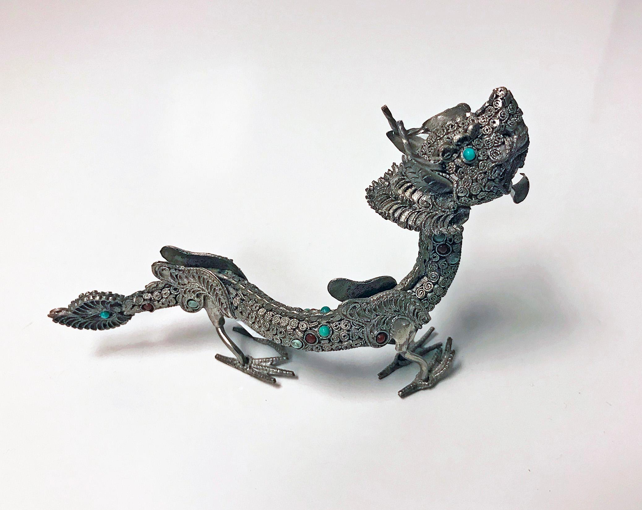 Cabochon Sterling Silver Stone Inlay Dragon, Chinese, circa 1950