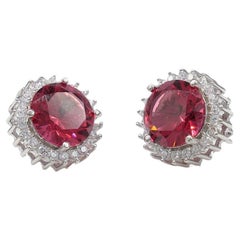Sterling Silver STONE-SET STUD EARRINGS Round Red Pink Zirconia