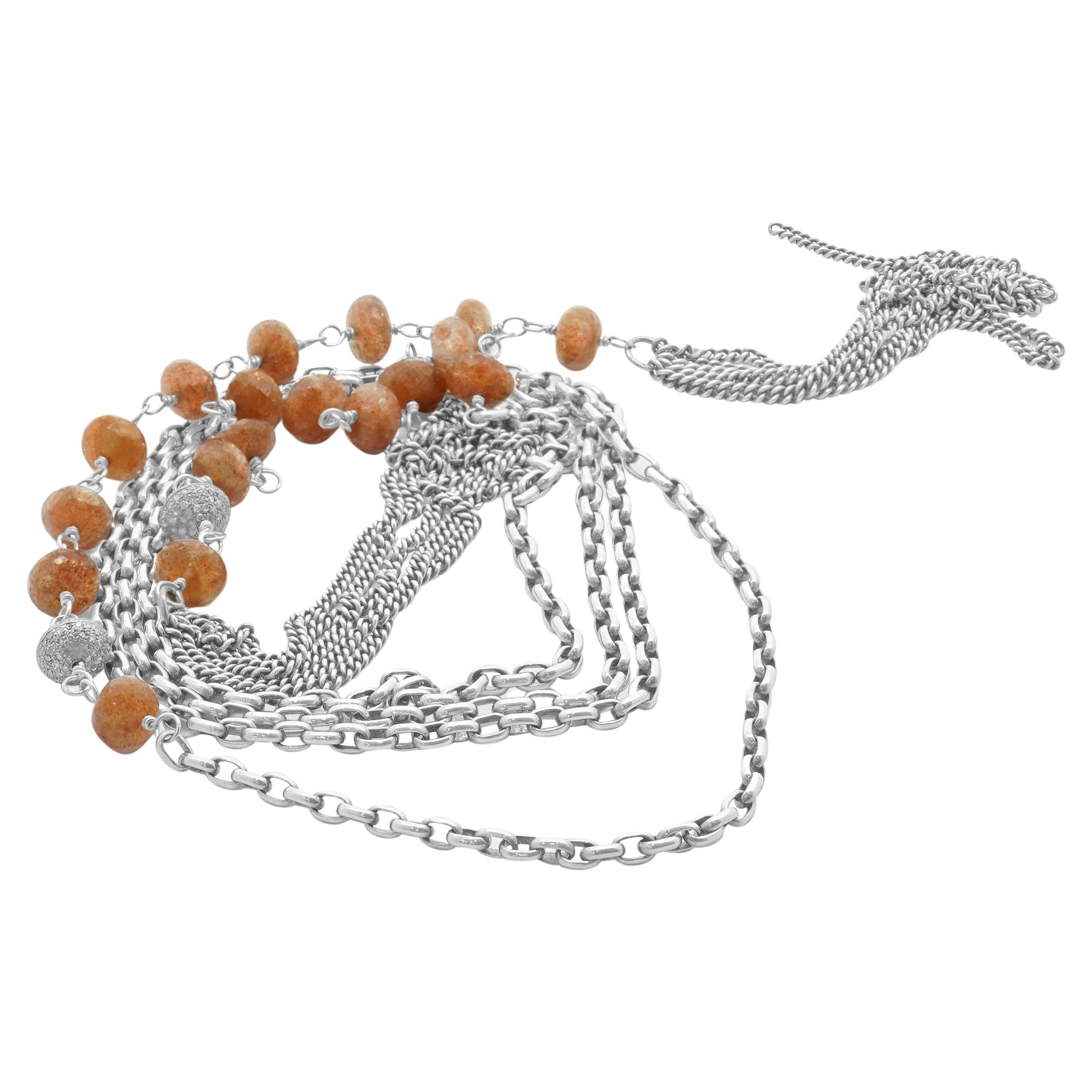 Sterling Silver Strawberry Quartz and Pave Diamond Rondell Necklace For Sale
