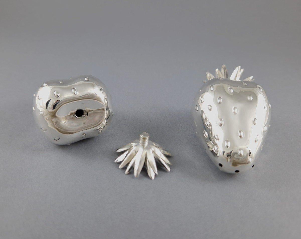 Late 20th Century Sterling Silver Strawberry Salt And Pepper Shakers For Sale