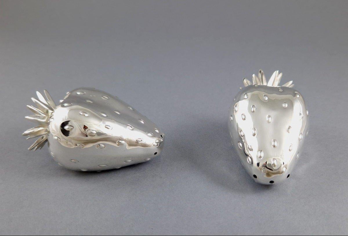 Sterling Silver Strawberry Salt And Pepper Shakers For Sale 1