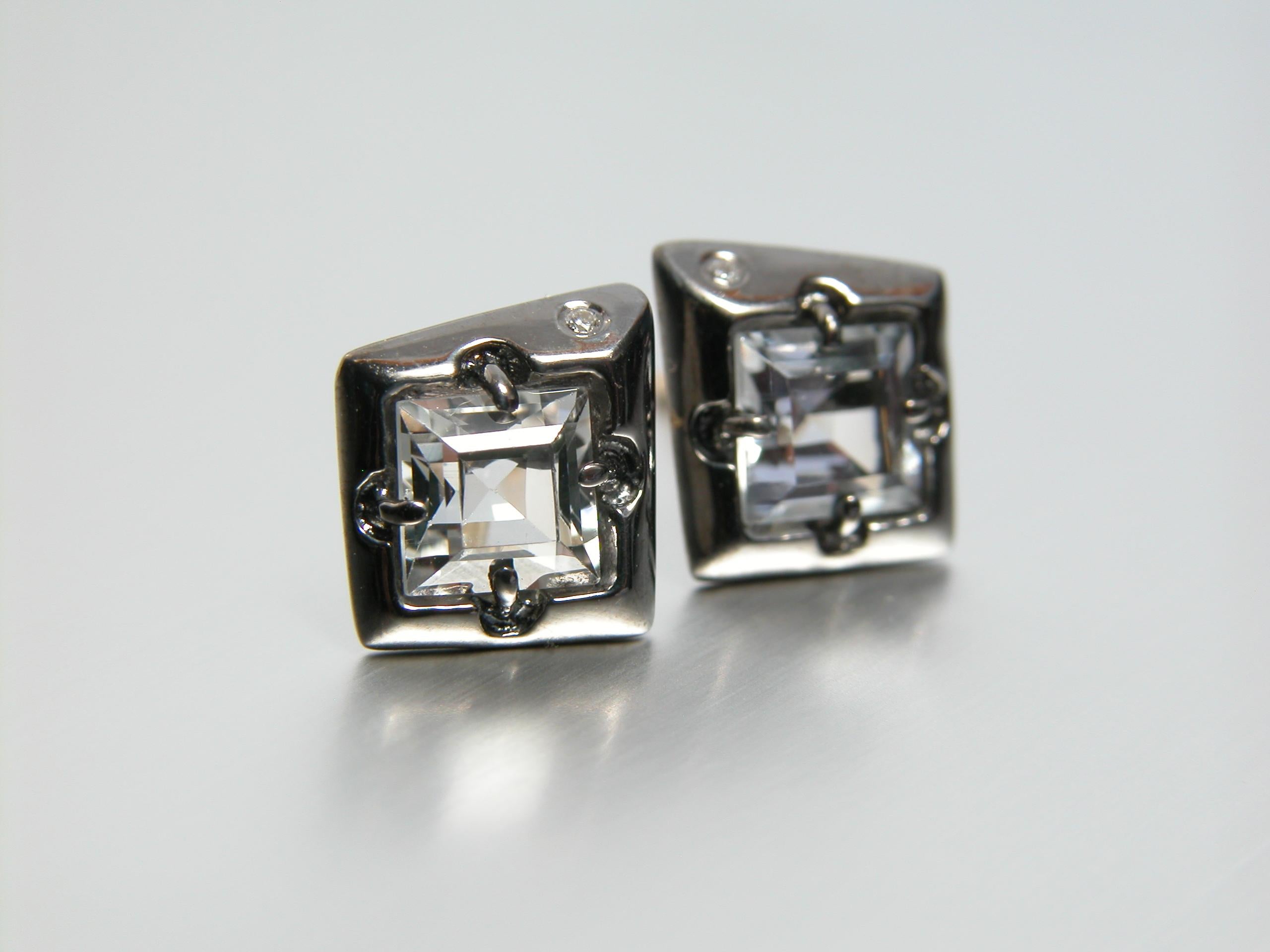 Women's or Men's Sterling Silver Stud Earring with White Topaz Square Cut and Diamond Accents For Sale