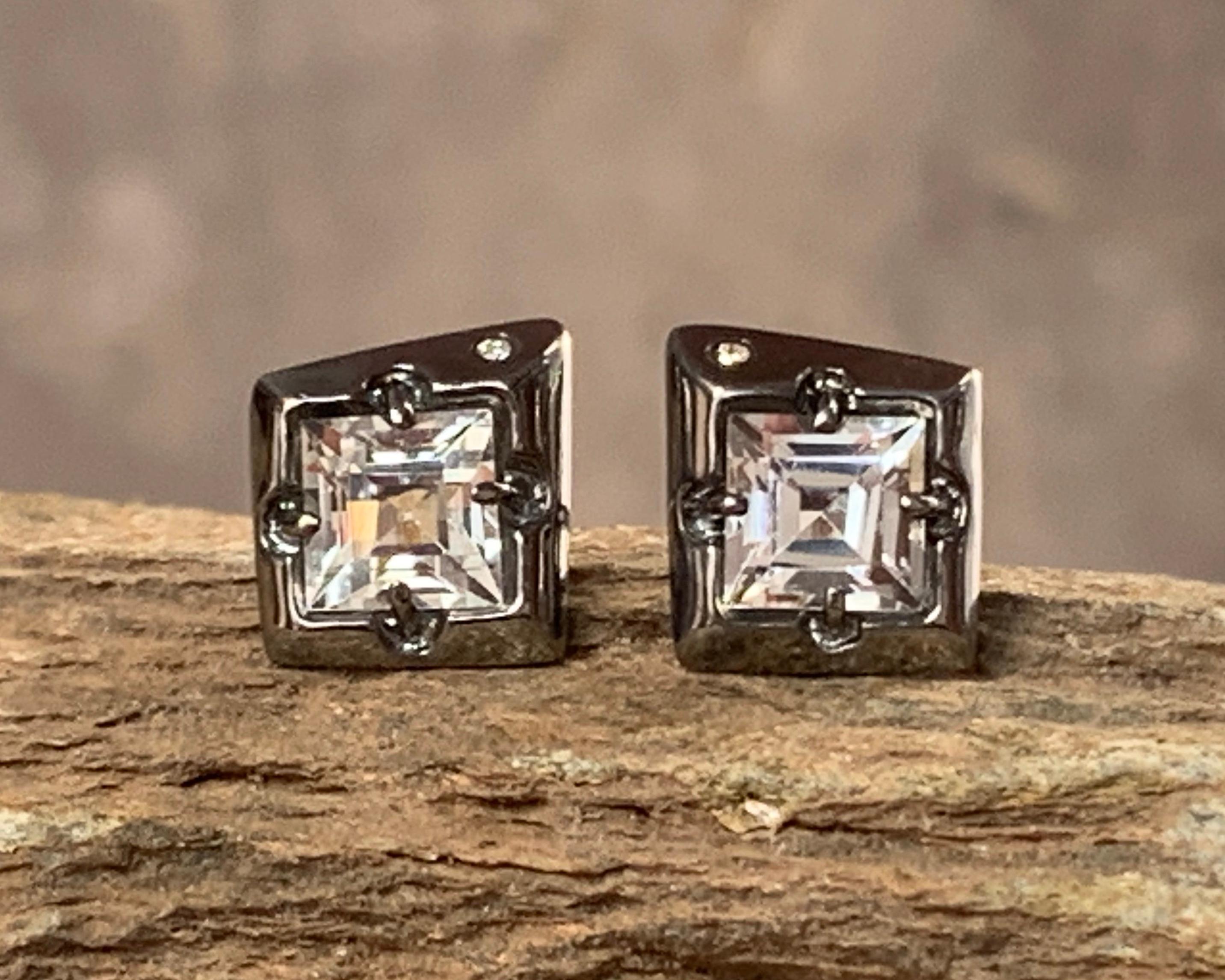Sterling Silver Stud Earring with White Topaz Square Cut and Diamond Accents For Sale 2