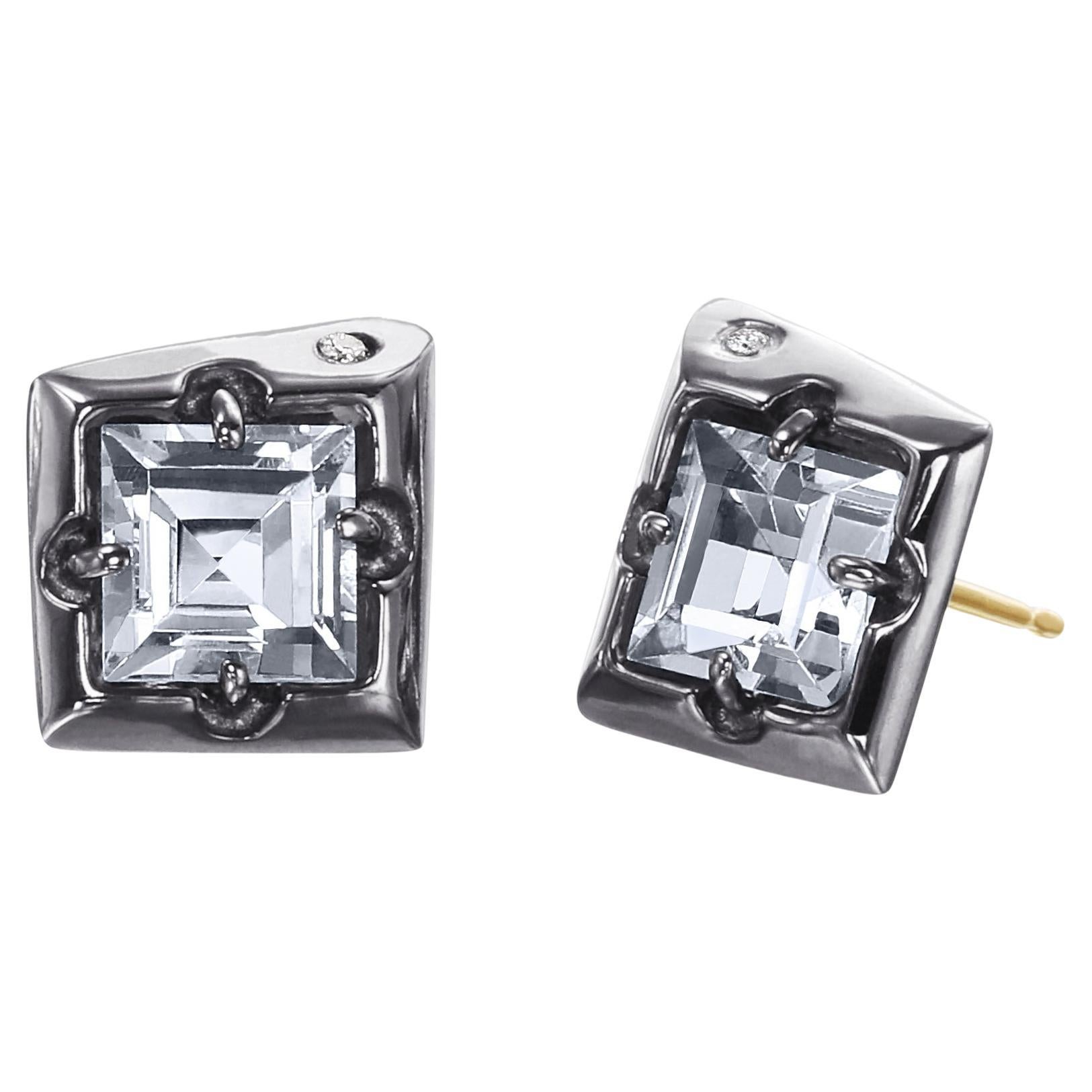 Sterling Silver Stud Earring with White Topaz Square Cut and Diamond Accents For Sale