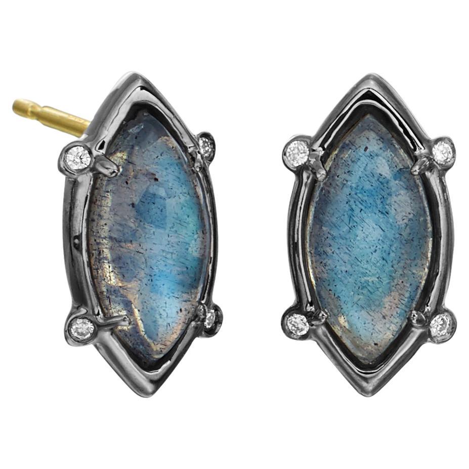 Sterling Silver Stud Earrings w/ Labradorite Marquise Cabochon w/ 14kt gold post For Sale