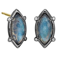 Used Sterling Silver Stud Earrings w/ Labradorite Marquise Cabochon w/ 14kt gold post