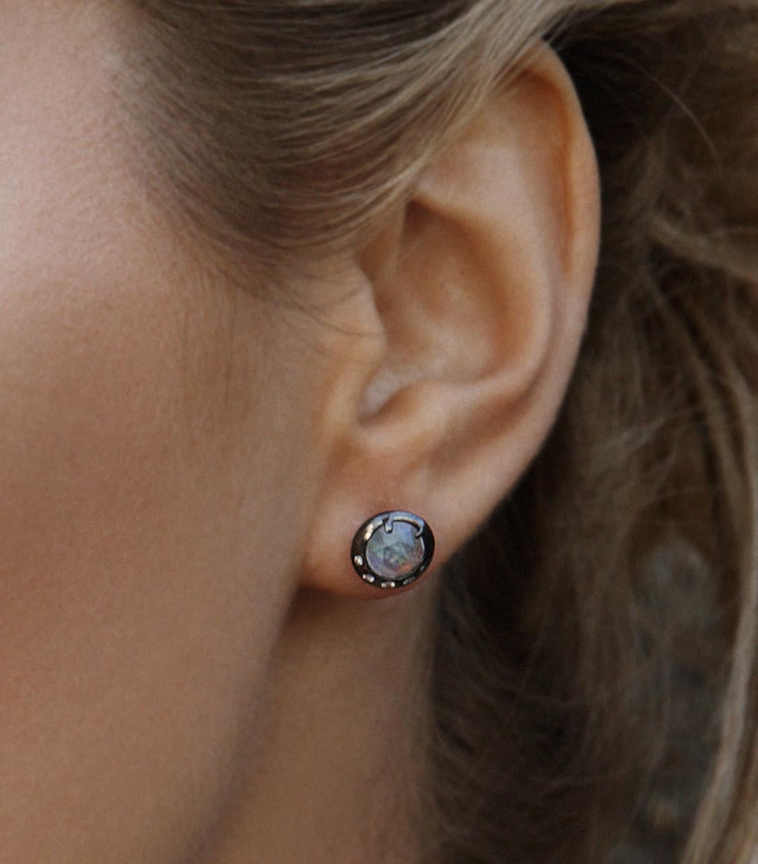 Sterling Silver Stud Earrings w/ Moonstone Rose Cut and Diamonds  In New Condition For Sale In Weehawken, NJ
