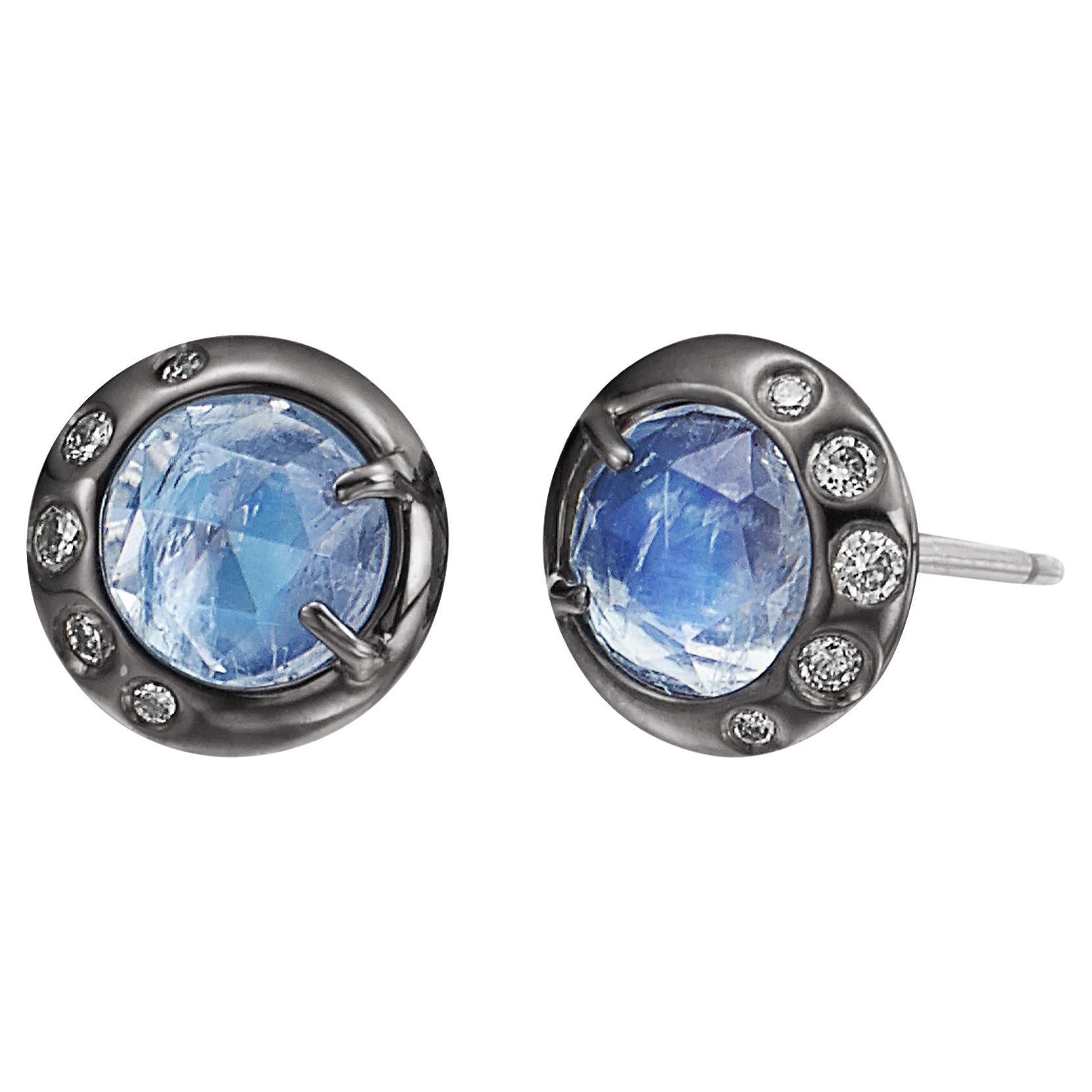 Sterling Silver Stud Earrings w/ Moonstone Rose Cut and Diamonds  For Sale