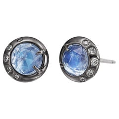 Sterling Silver Stud Earrings w/ Moonstone Rose Cut and Diamonds 
