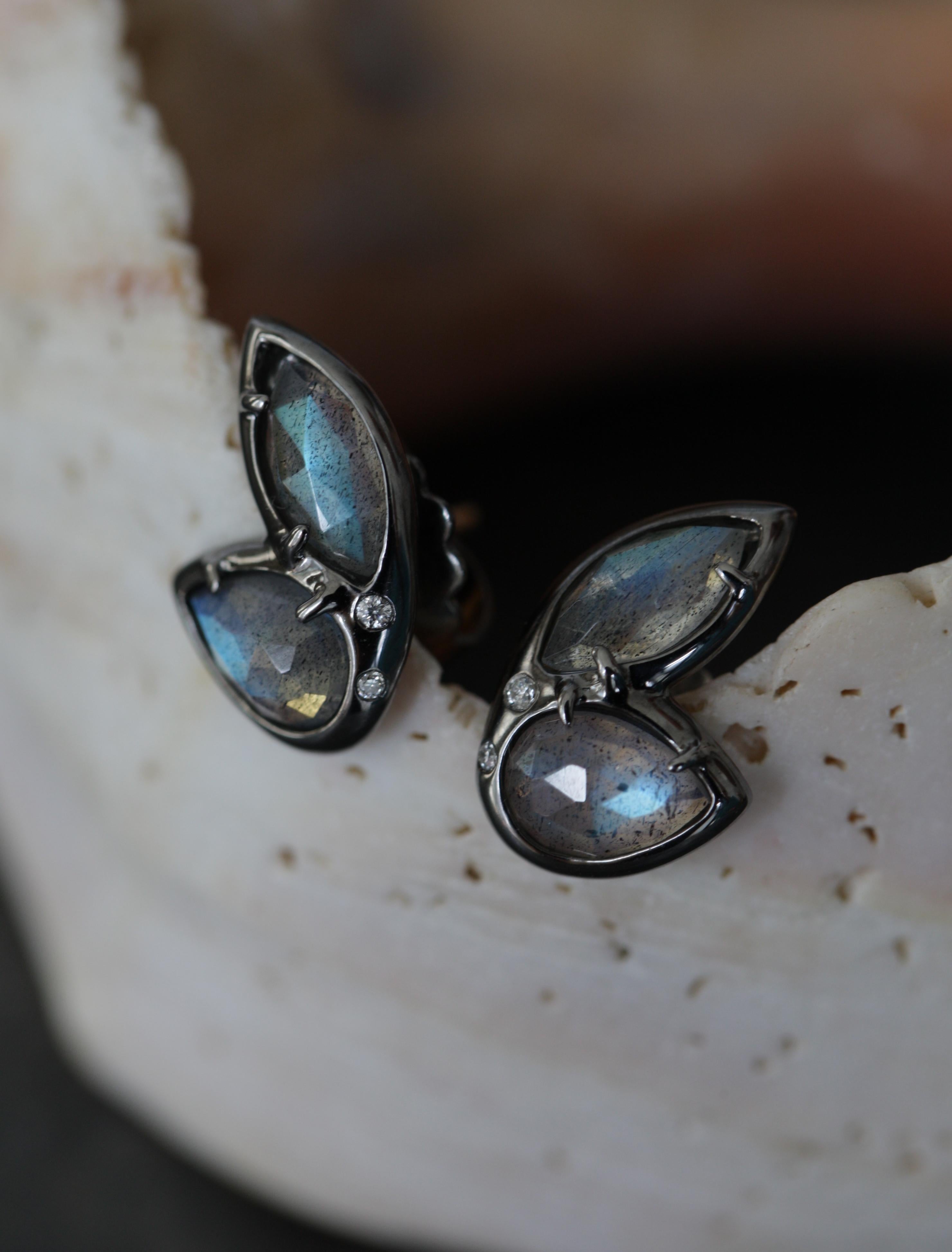 Sterling Silver Stud Earrings with Pear & Marquise Shaped Rose Cut Labradorite In New Condition For Sale In Weehawken, NJ