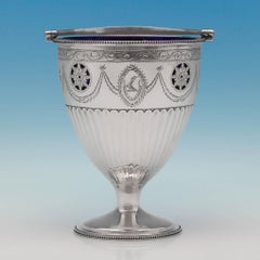 Antico cestino da zucchero neoclassico in argento sterling con rivestimento in vetro realizzato nel 1783