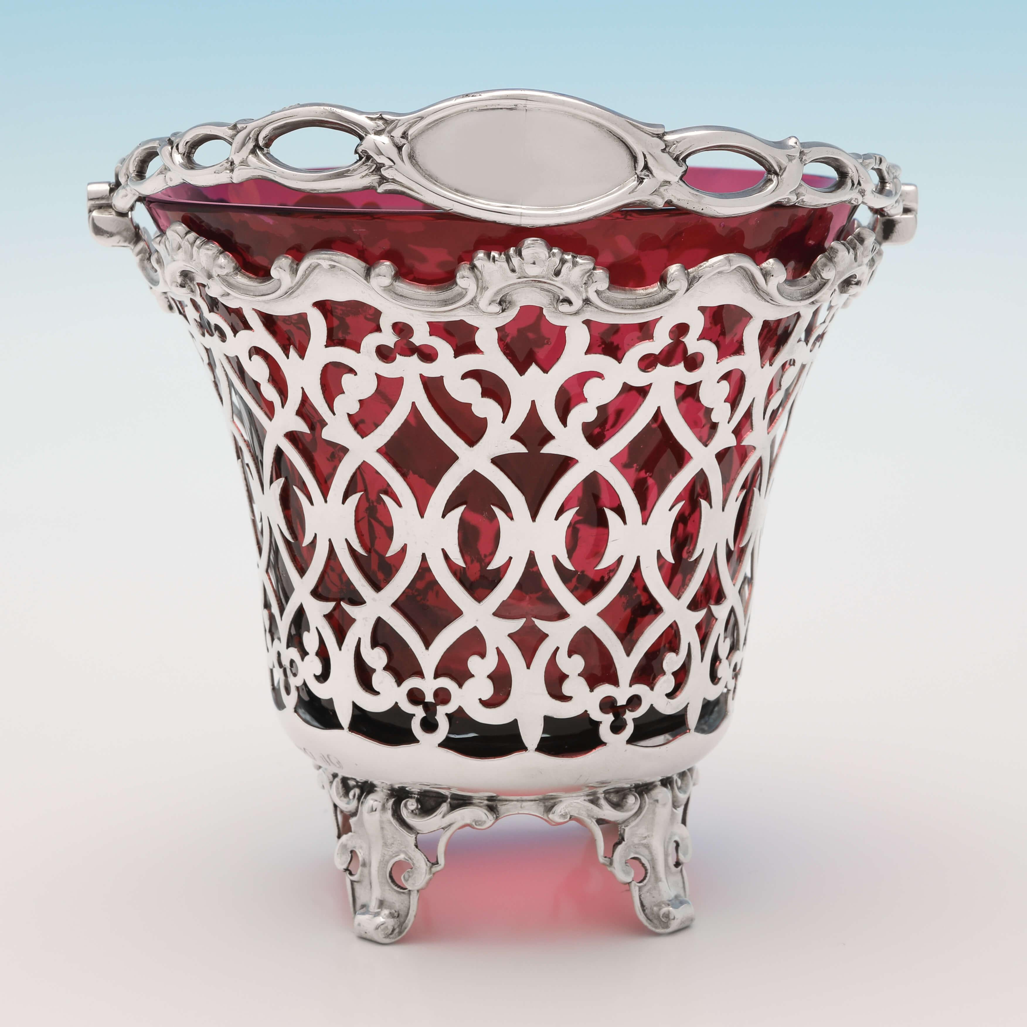 Gothic Revival Victorian Sterling Silver Sugar Basket, Ruby Glass, London 1856  For Sale