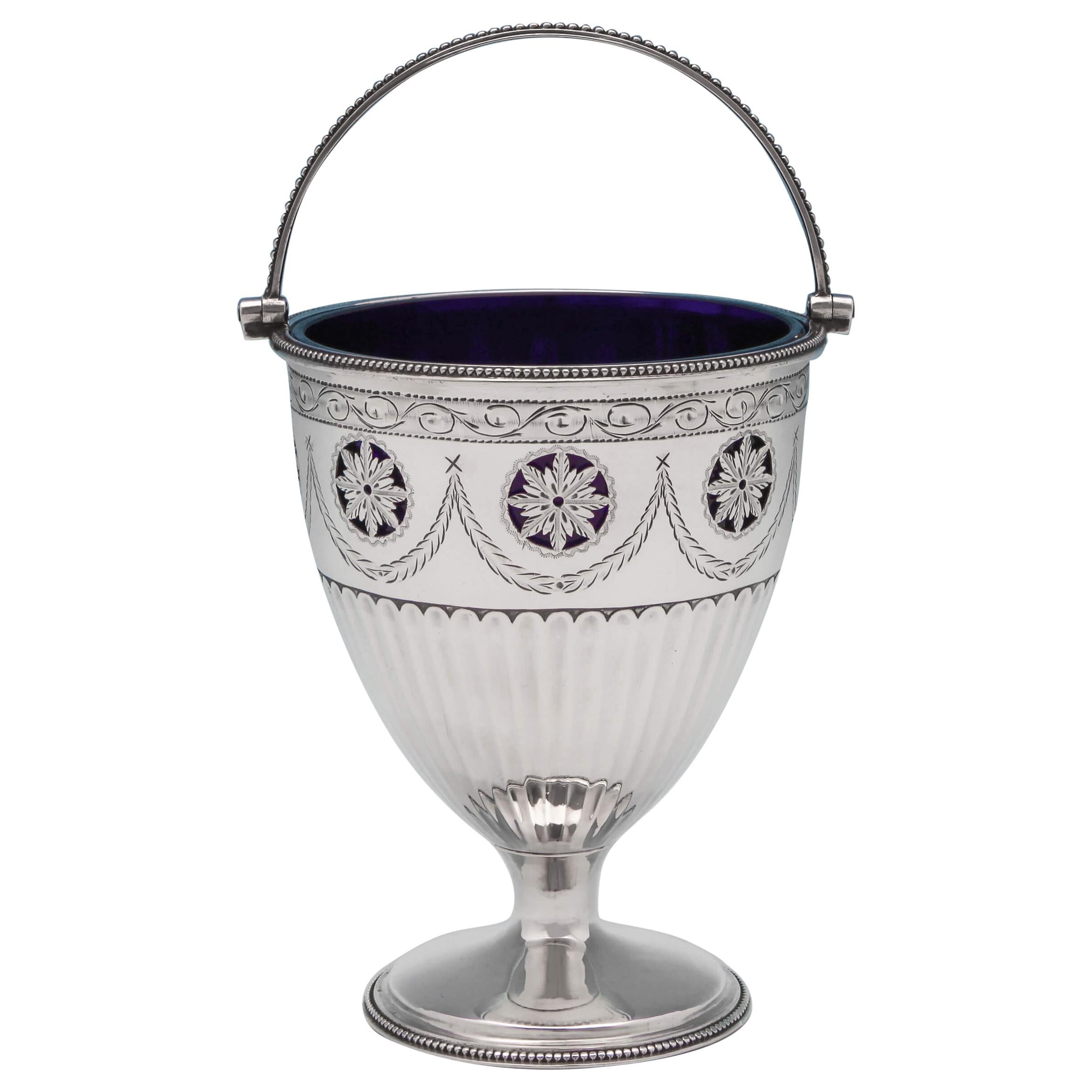 Neoclassical Antique Sterling Silver Sugar Basket With Glass Liner Made in 1783 For Sale