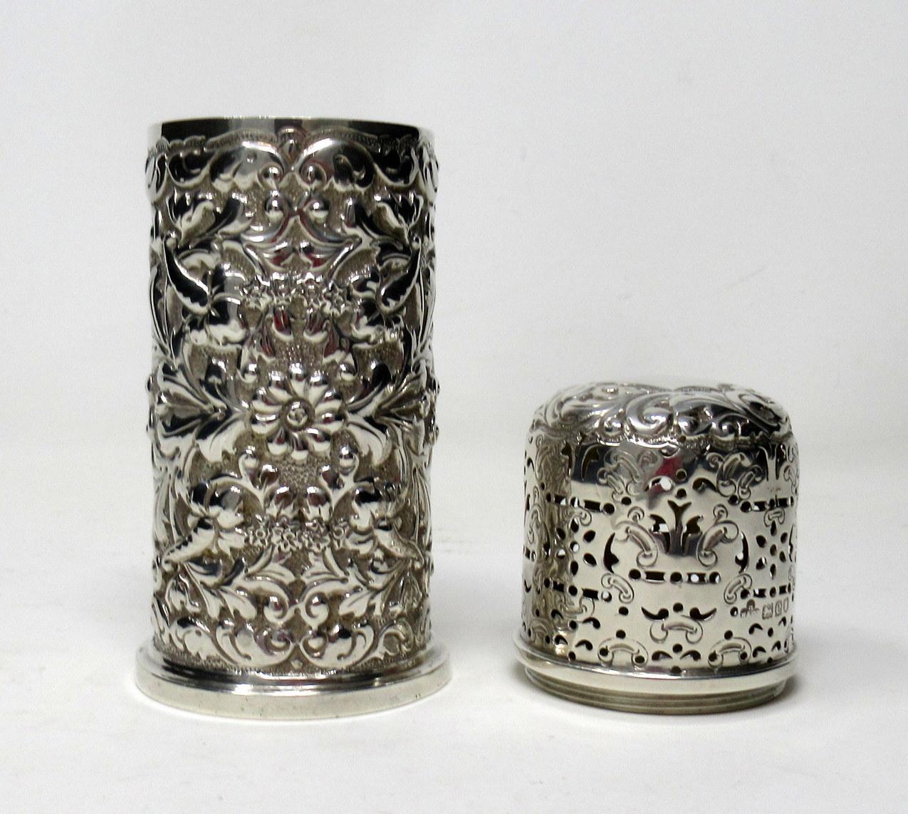 Stunning English sterling silver two-part table sugar caster muffineer of cylindrical form ending on a circular spreading base.

The entire embossed with flowers leaves and scrolls, with elements of Art Nouveau decoration. The original firm fitting