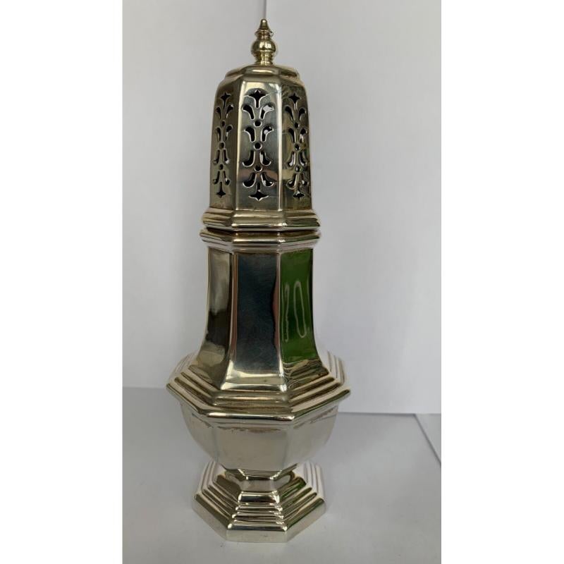 In good vintage condition, this is a beautiful piece.
It has a lovely octagonal form, a pedestal foot and a finial on top.
Hallmarked: Made by D J Silver Repairs in Clerkenwell Road, London in 1966.

Additional Information:
Silver weight: