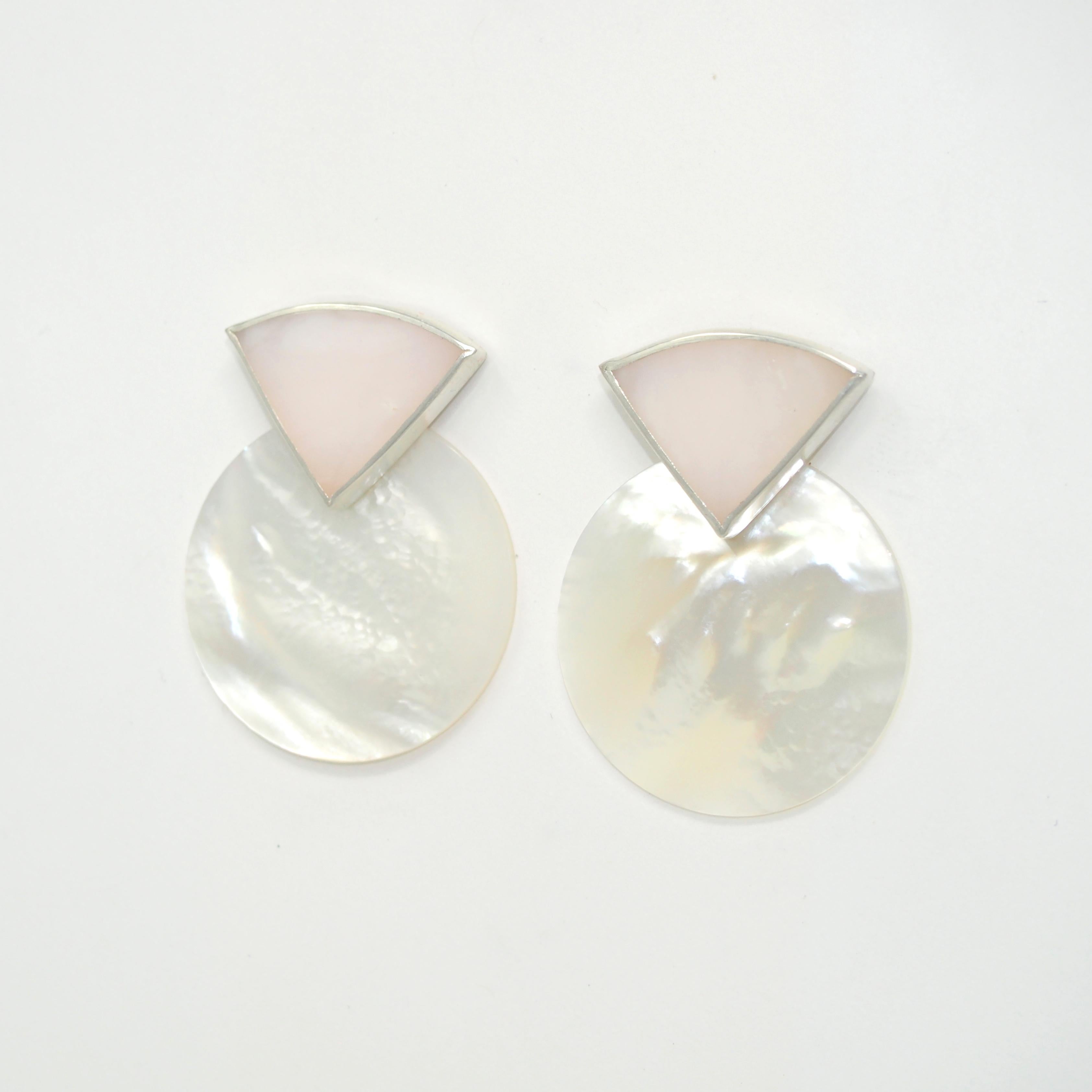 Uncut Octave Jewelry Sterling Silver Sunrise Earring in Pink Opal and Mother of Pearl For Sale