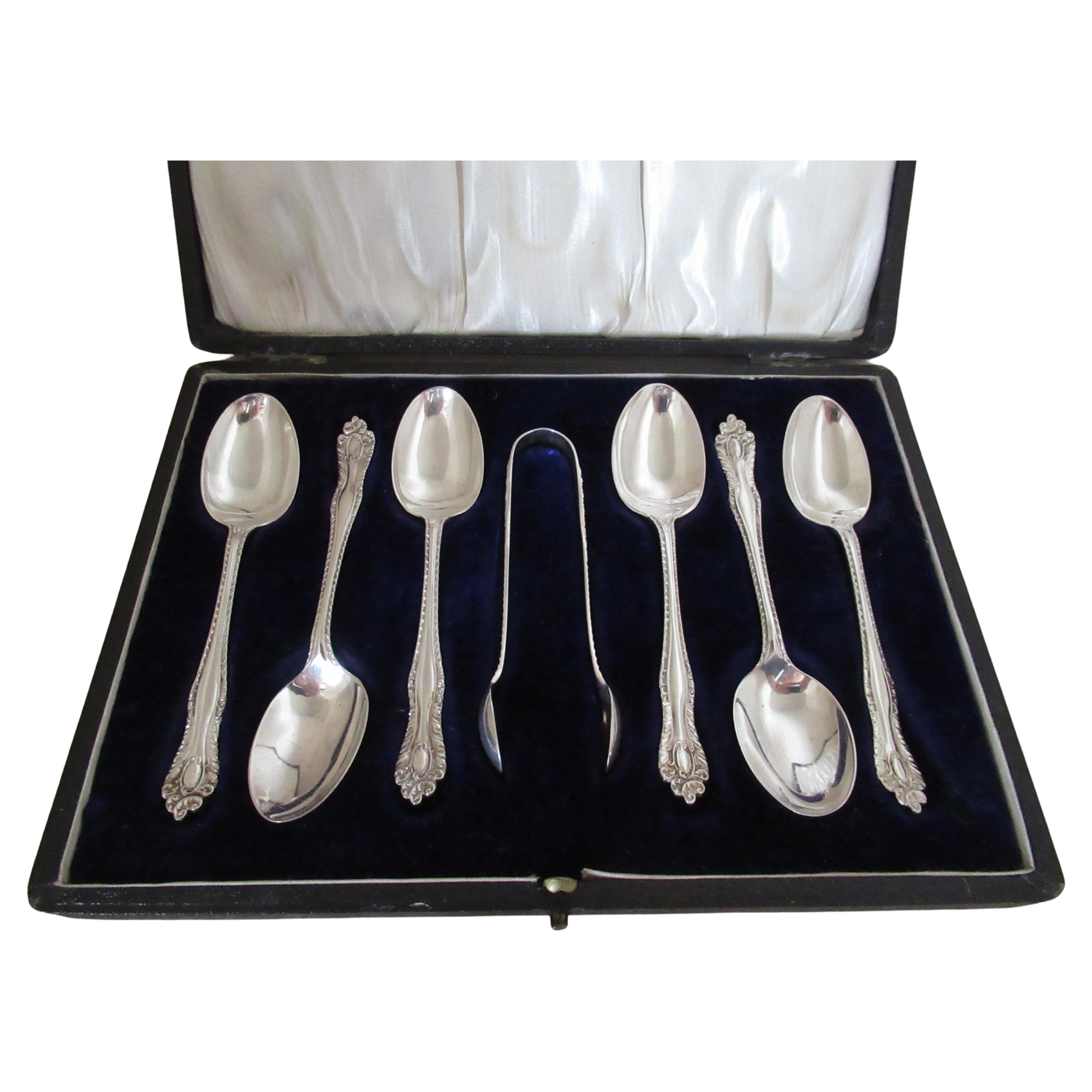 Sterling Silver  SUPERB VICTORIAN Set of 6 TEASPOONS & TONGS - Birmingham 1891 For Sale