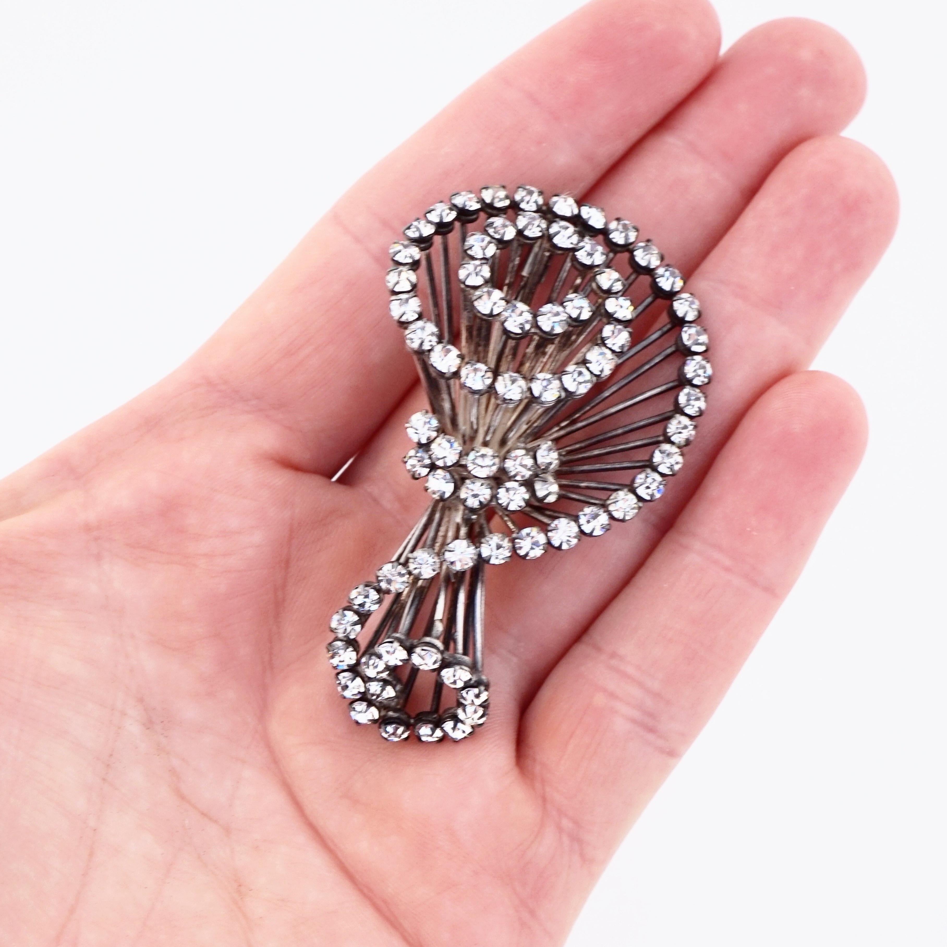 Sterling Silver Swirled Wire Bunch Brooch With Crystals, 1940s 2