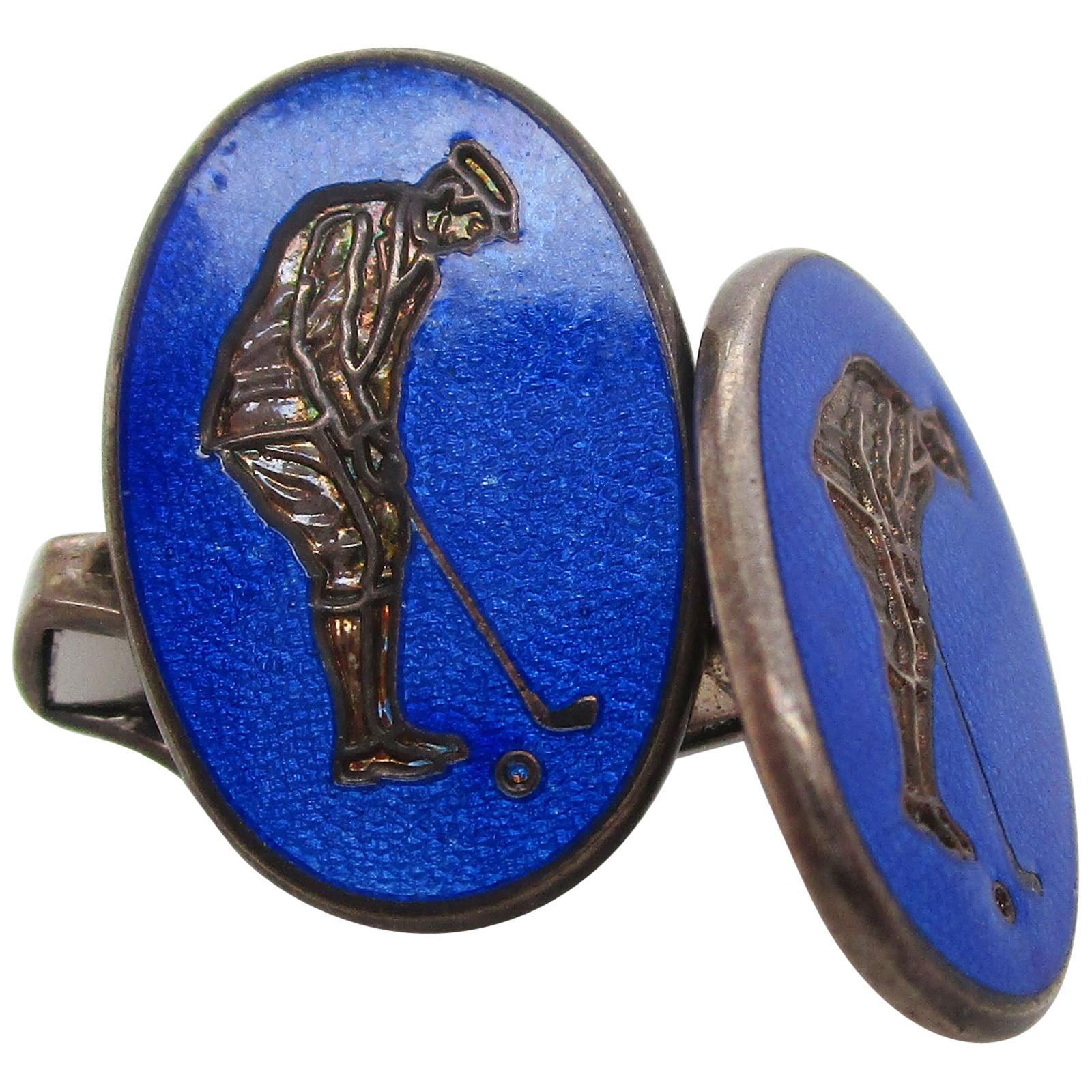 Sterling Silver Swivel Bar Blue Enamel Golfer Cufflinks