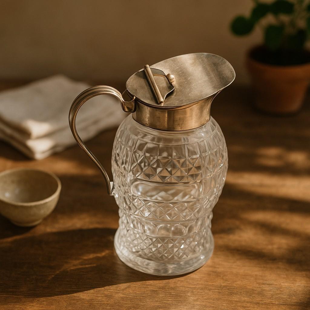 Exquisite Materials & Design
Sterling Silver Top
Featuring a marked sterling lid and handle, the jug’s top portion exhibits the gleaming luster associated with high-quality silver. Its smooth finish and sturdy hinge mechanism underscore both
