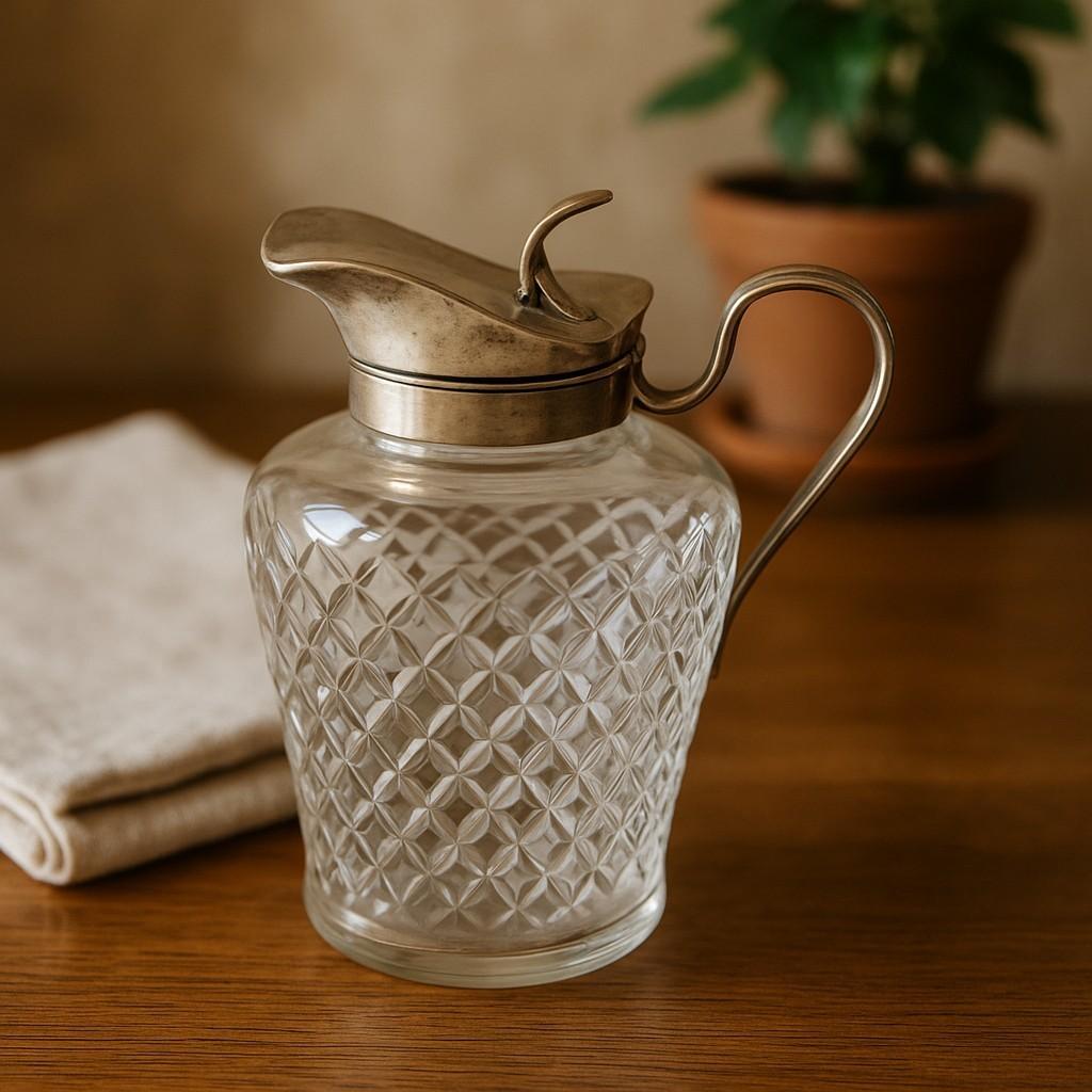 Hexagon Cut Sterling Silver Syrup Jug with Crystal Body For Sale