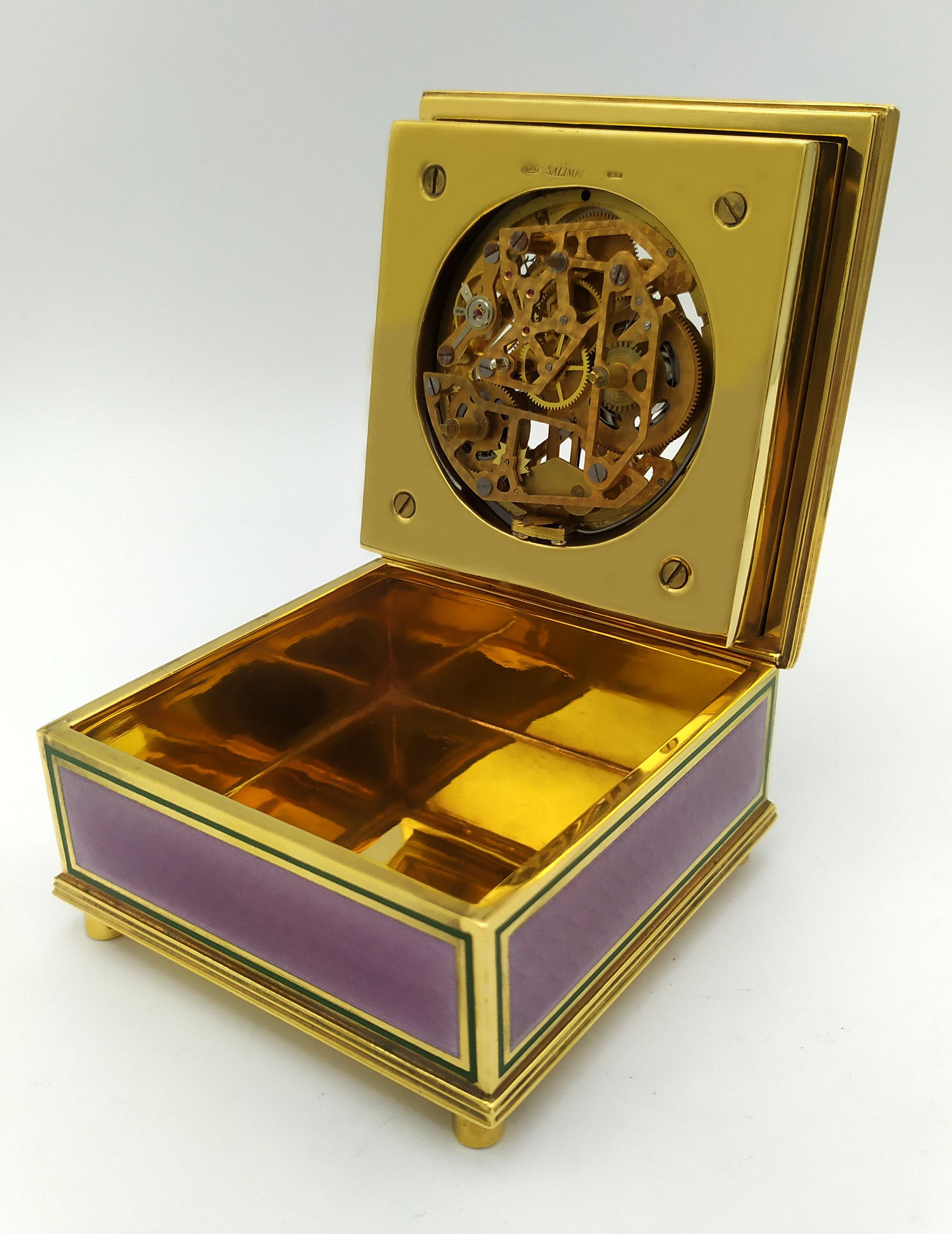 Sterling Silver Table Clock Square Box Fire Enameled Guilloché Salimbeni For Sale 3