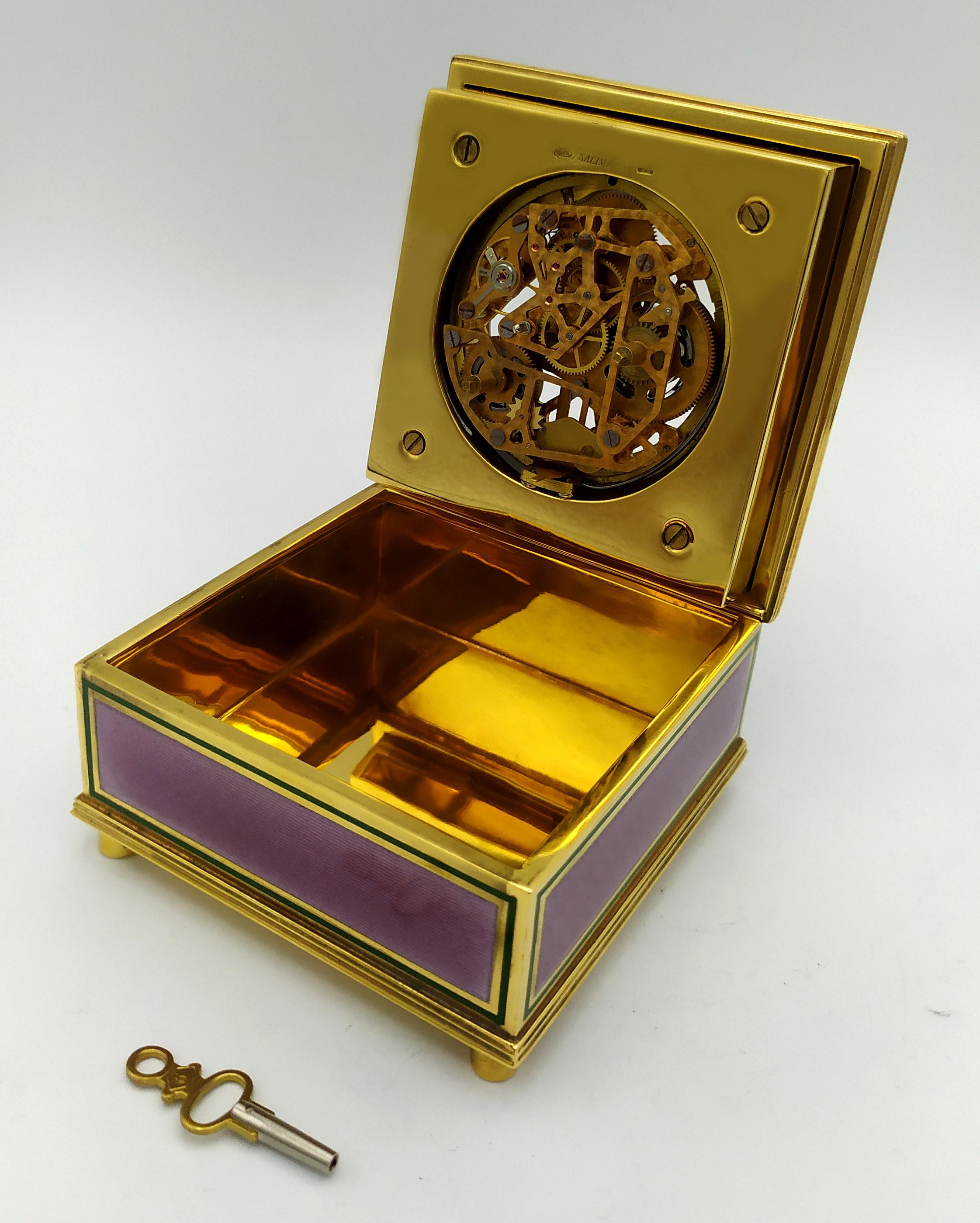 Sterling Silver Table Clock Square Box Fire Enameled Guilloché Salimbeni For Sale 4