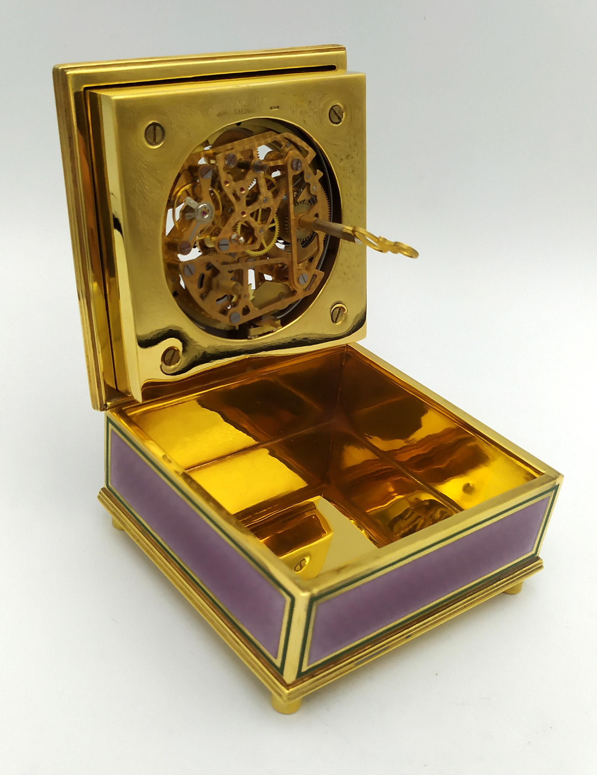 Sterling Silver Table Clock Square Box Fire Enameled Guilloché Salimbeni For Sale 6