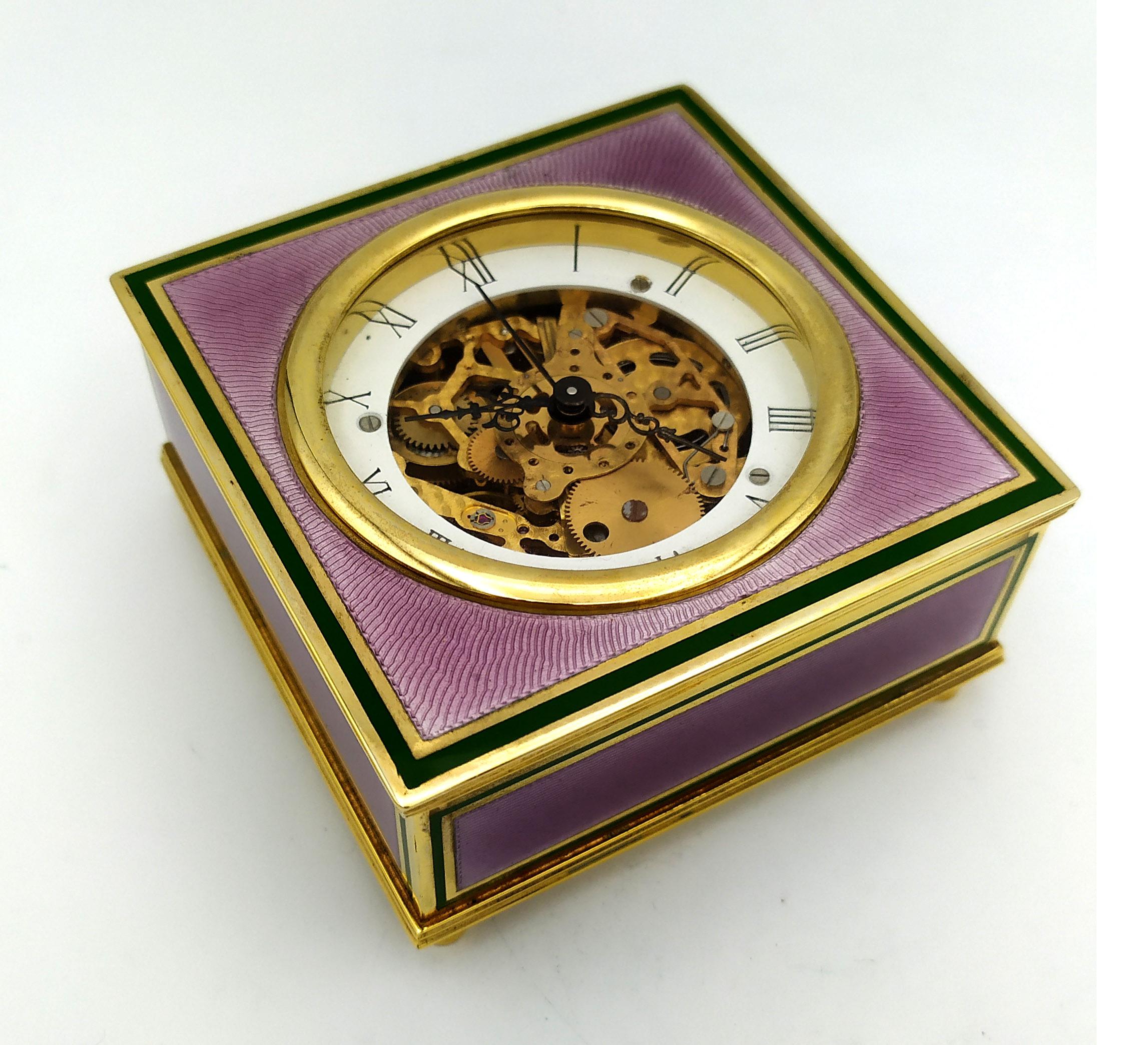 Sterling Silver Table Clock Square Box Fire Enameled Guilloché Salimbeni For Sale 7