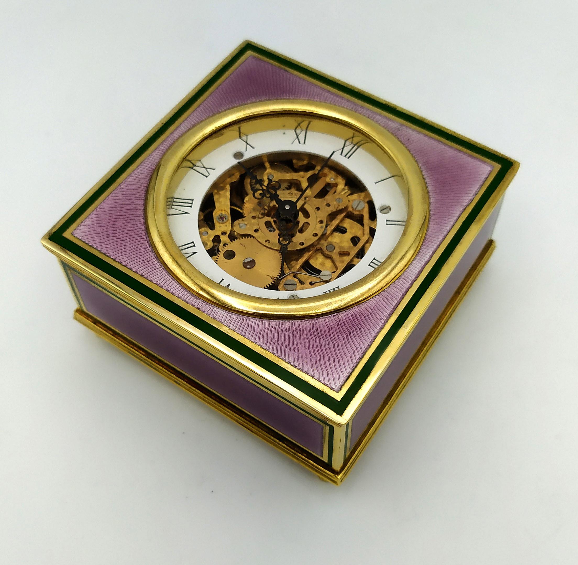 Sterling Silver Table Clock Square Box Fire Enameled Guilloché Salimbeni For Sale 8