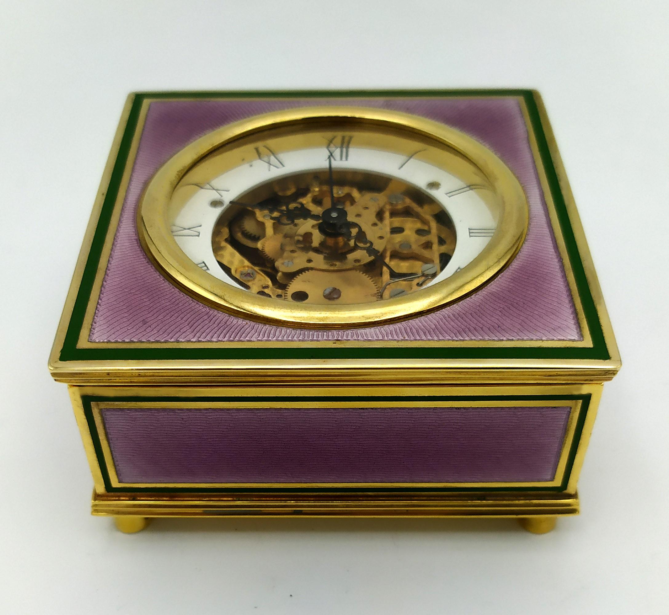 Sterling Silver Table Clock Square Box Fire Enameled Guilloché Salimbeni For Sale 9