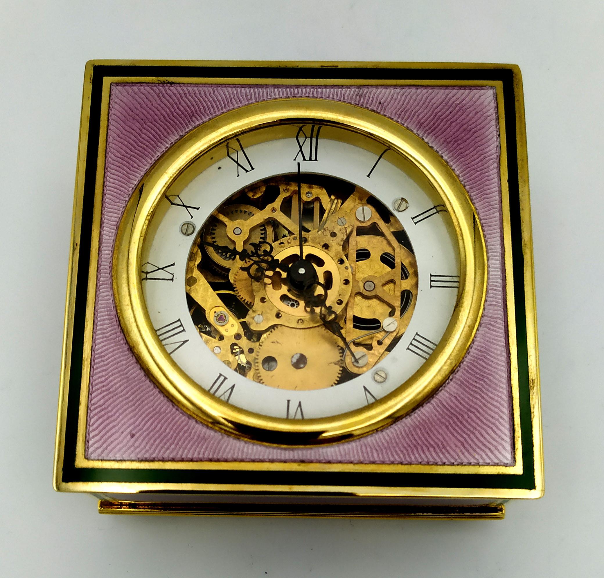 Sterling Silver Table Clock Square Box Fire Enameled Guilloché Salimbeni For Sale 11