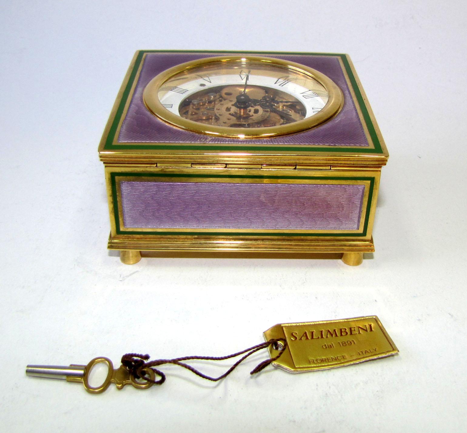 Sterling Silver Table Clock Square Box Fire Enameled Guilloché Salimbeni For Sale 13