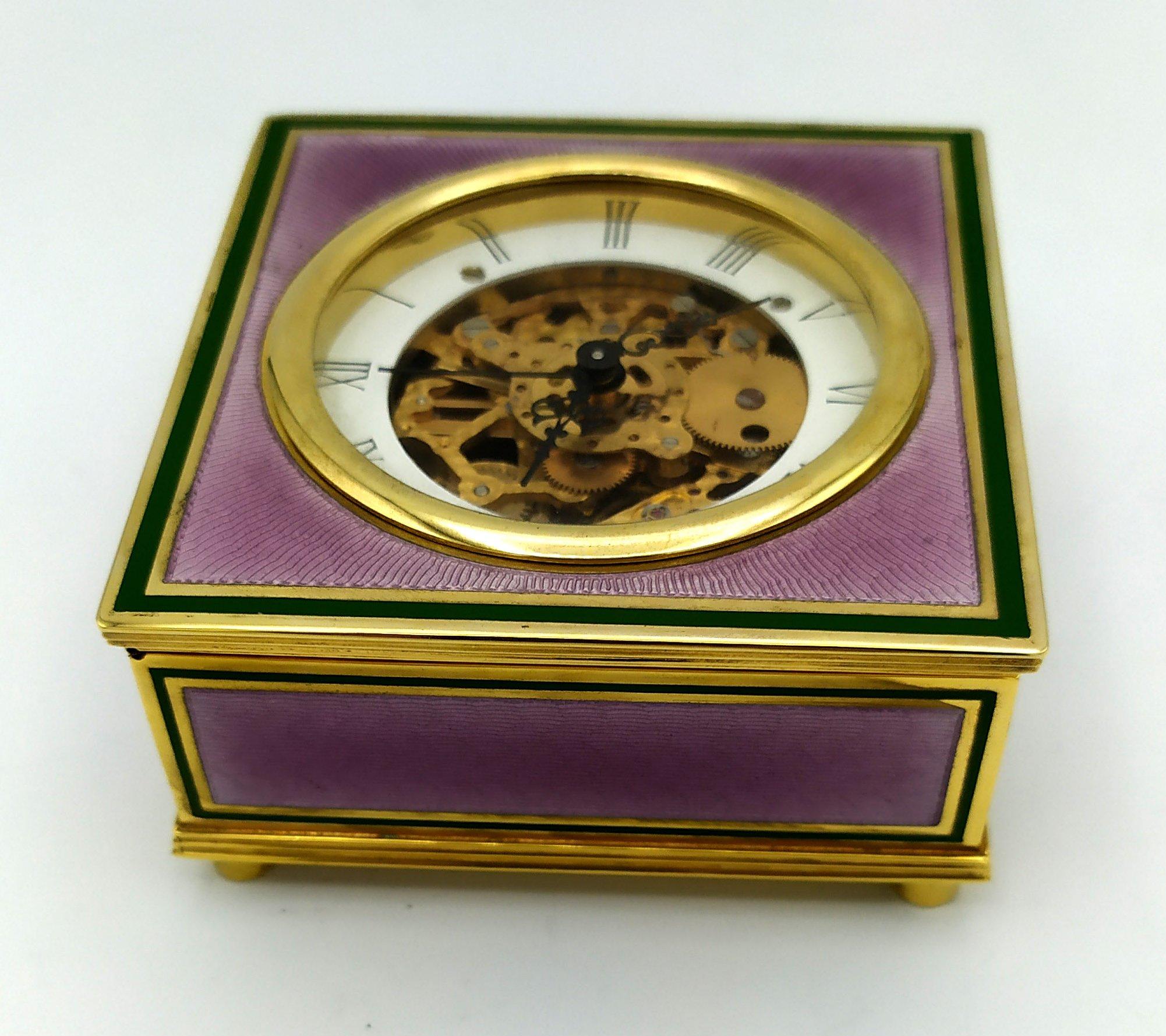 Italian Sterling Silver Table Clock Square Box Fire Enameled Guilloché Salimbeni For Sale