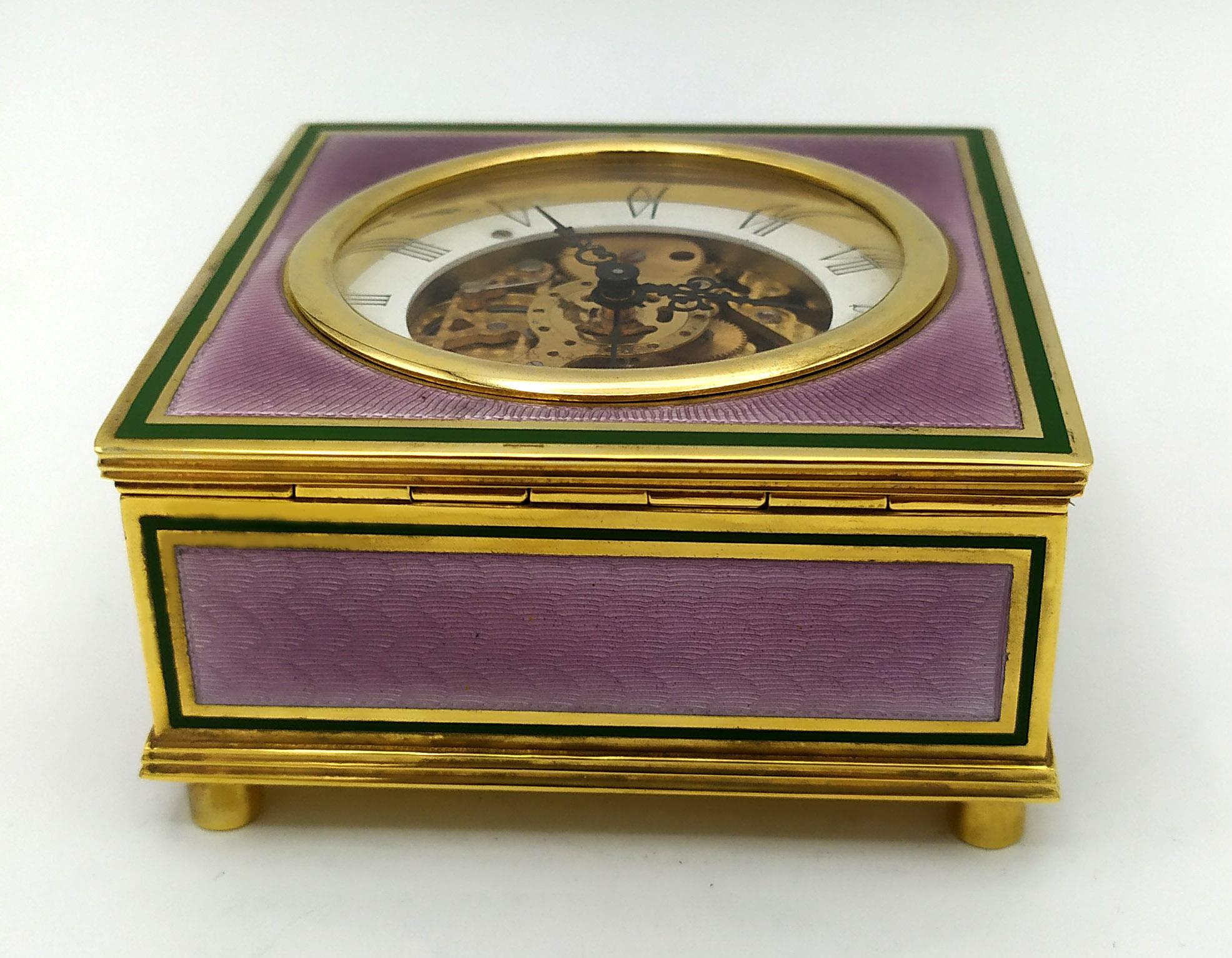 Hand-Carved Sterling Silver Table Clock Square Box Fire Enameled Guilloché Salimbeni For Sale