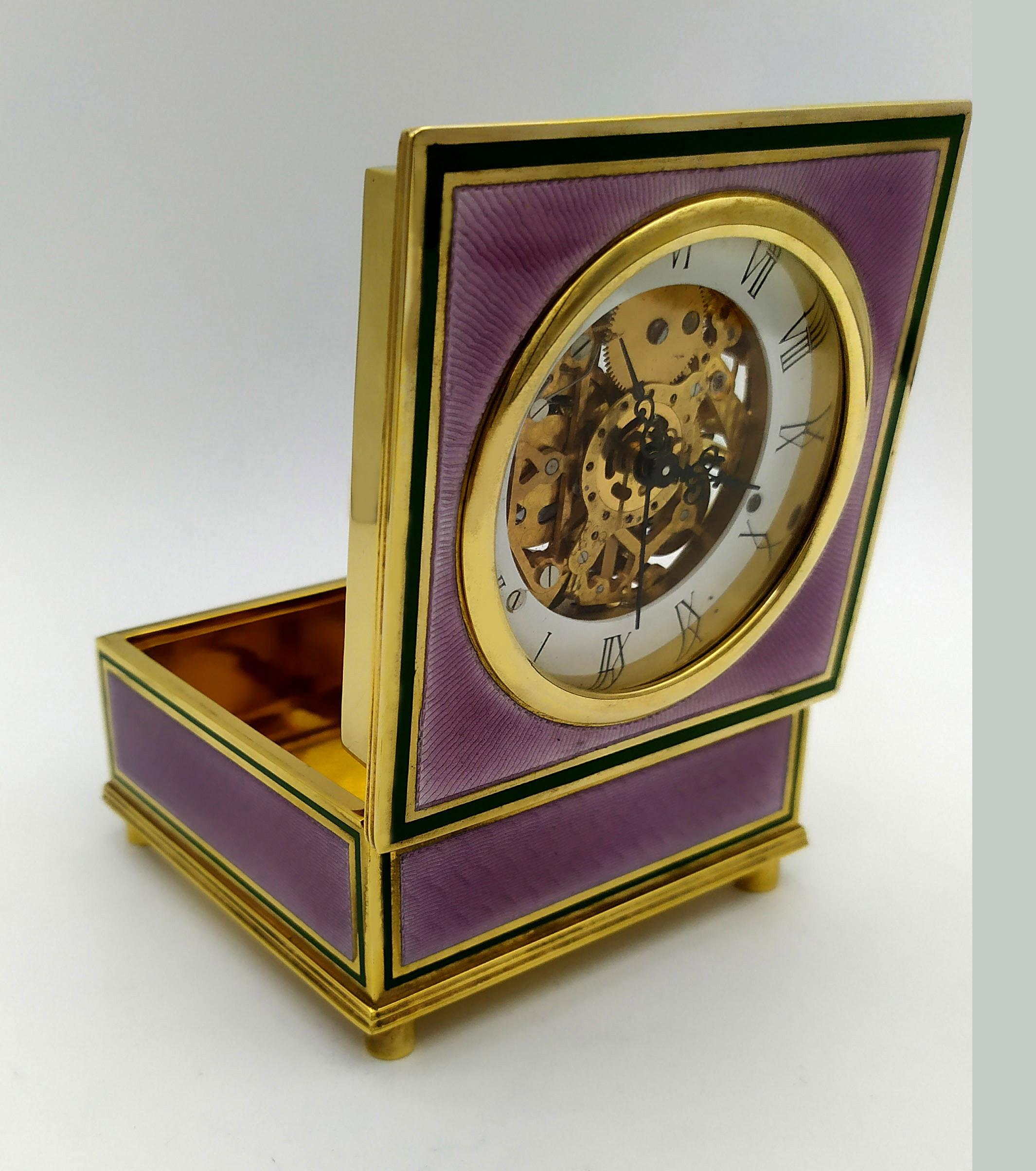 Late 20th Century Sterling Silver Table Clock Square Box Fire Enameled Guilloché Salimbeni For Sale