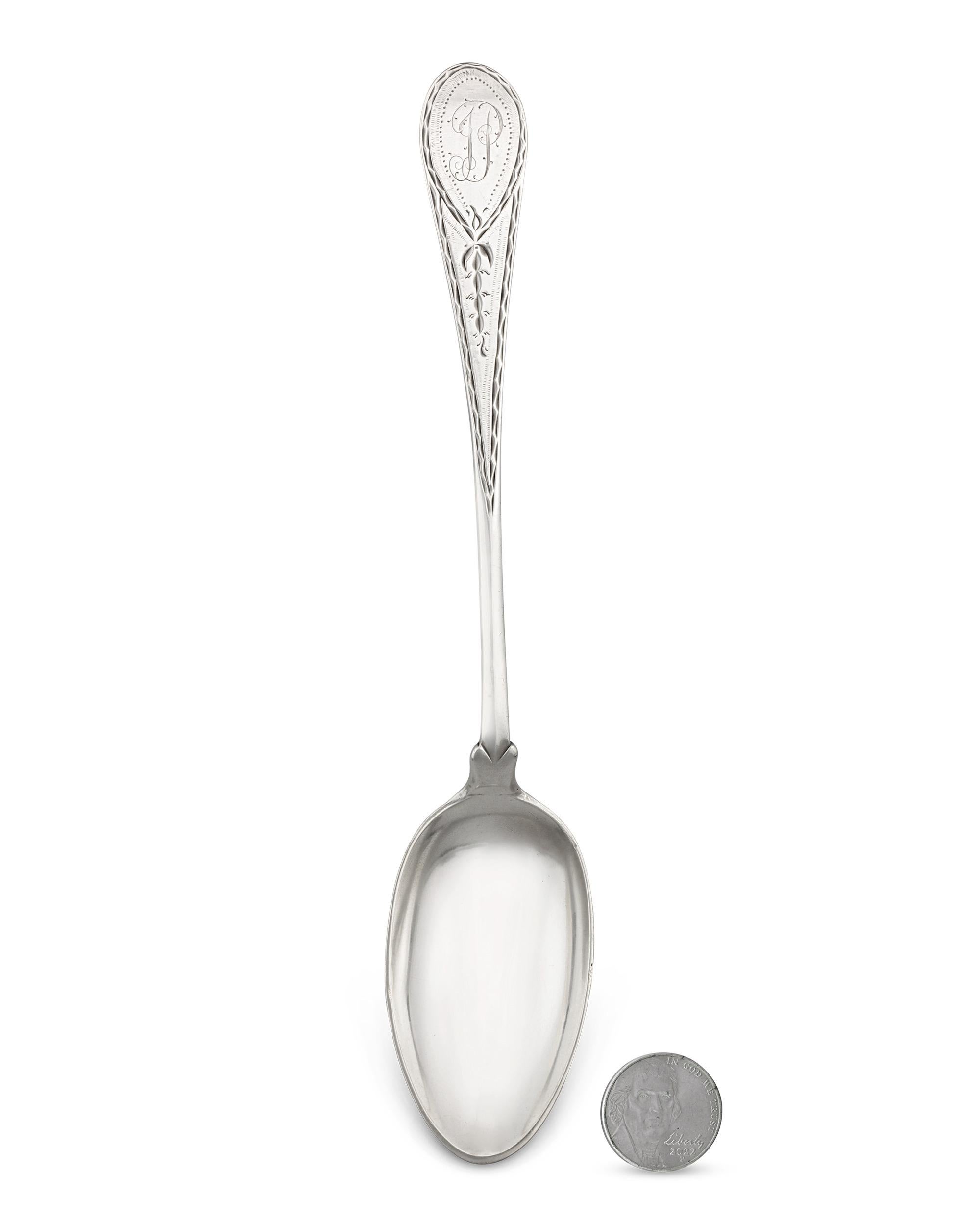 Tablespoon
Paul Revere Jr.
Circa 1790

Crafted by one of America’s most iconic and patriotic figures, Paul Revere Jr., this rare silver tablespoon is a masterpiece of American decorative arts. Elegant in its form, the spoon features a finely