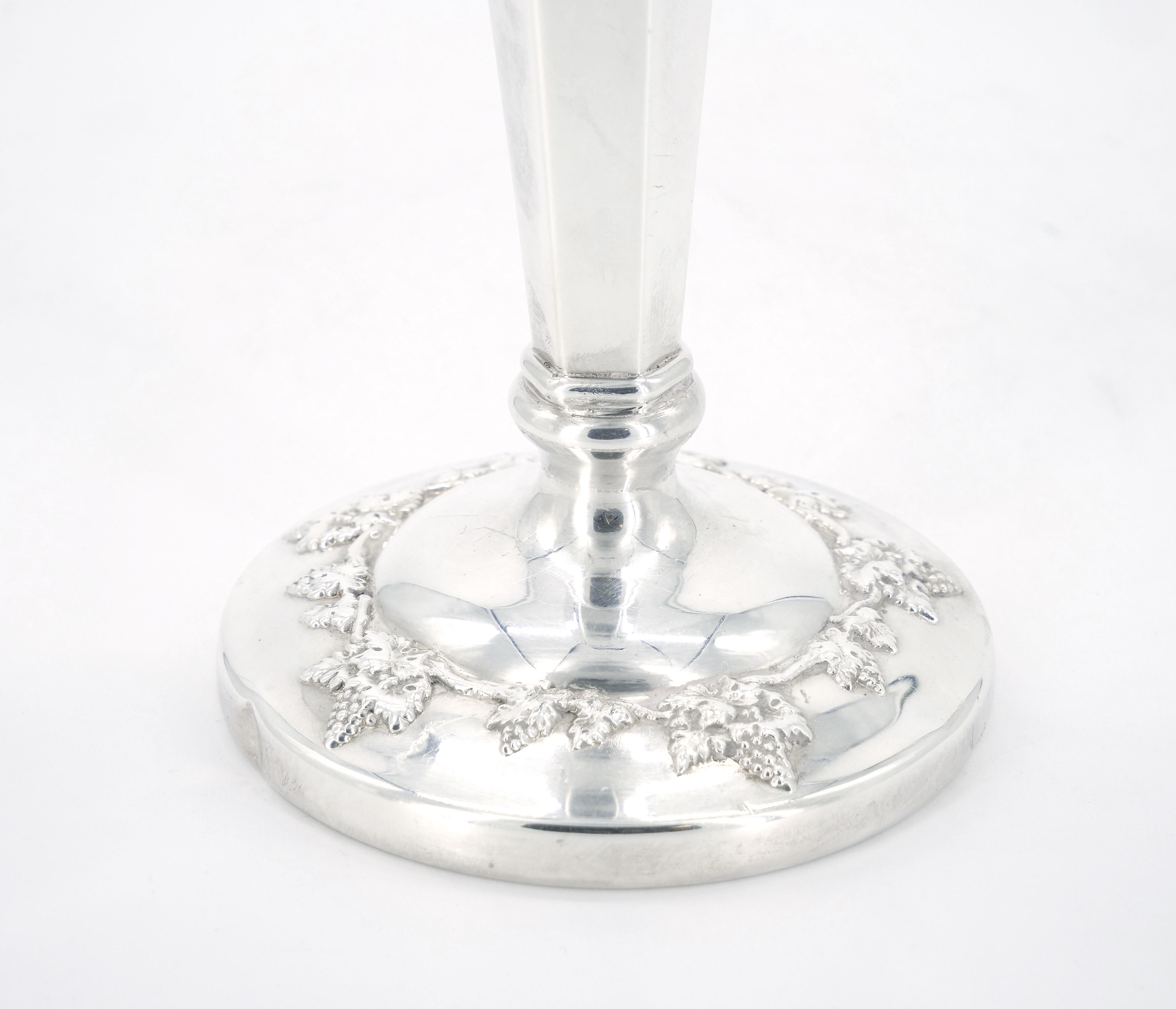 Sterling Silver Tall Trumpet /  Engraved Base Decorative Vase For Sale 2