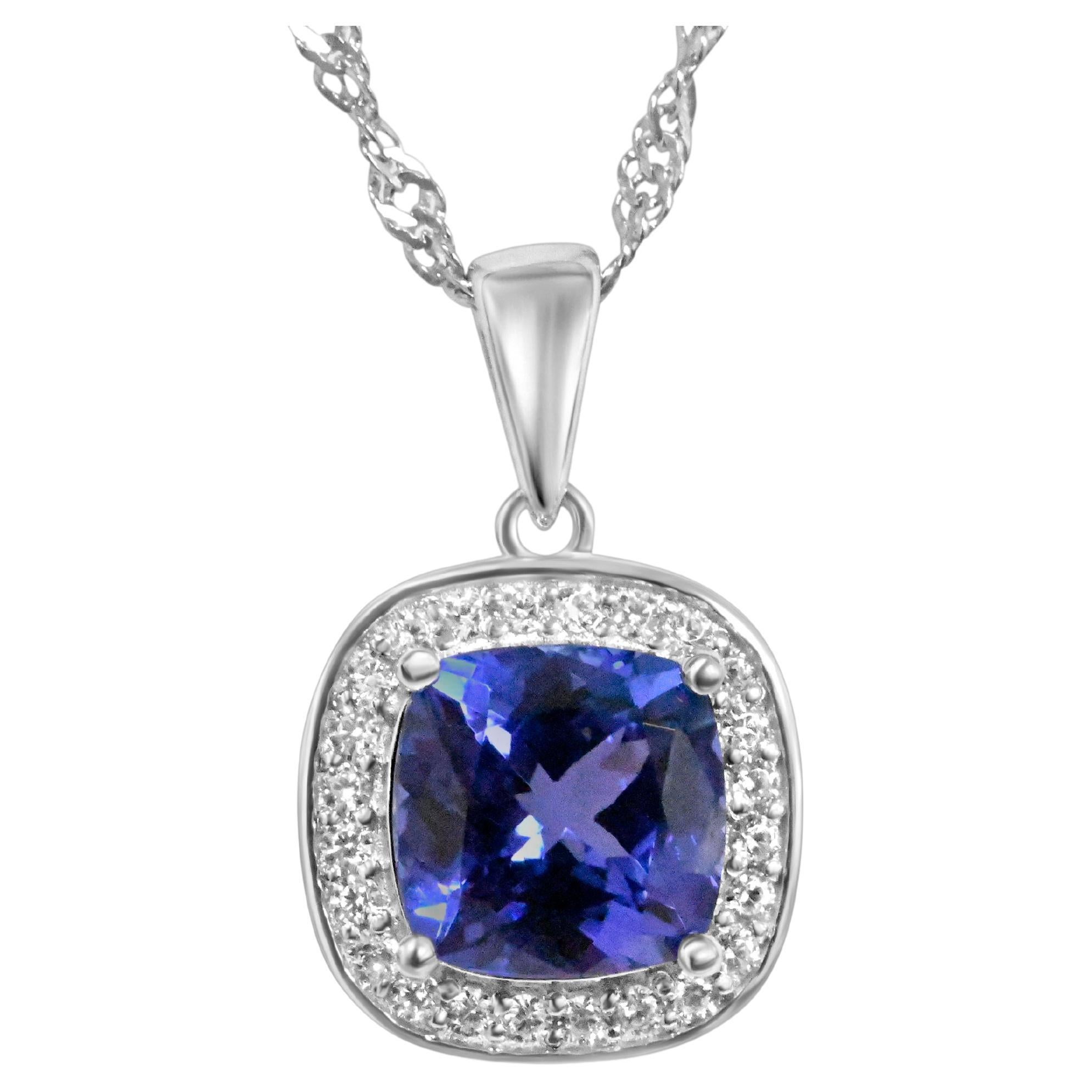 Sterling Silver Tanzanite Halo Pendant 2.41 cts silver Jewerly Gift For Mom 