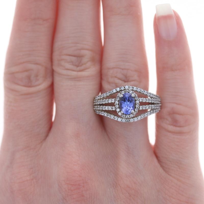 Sterling Silver Tanzanite & White Topaz Halo Ring - 925 Oval Cut In Excellent Condition For Sale In Greensboro, NC